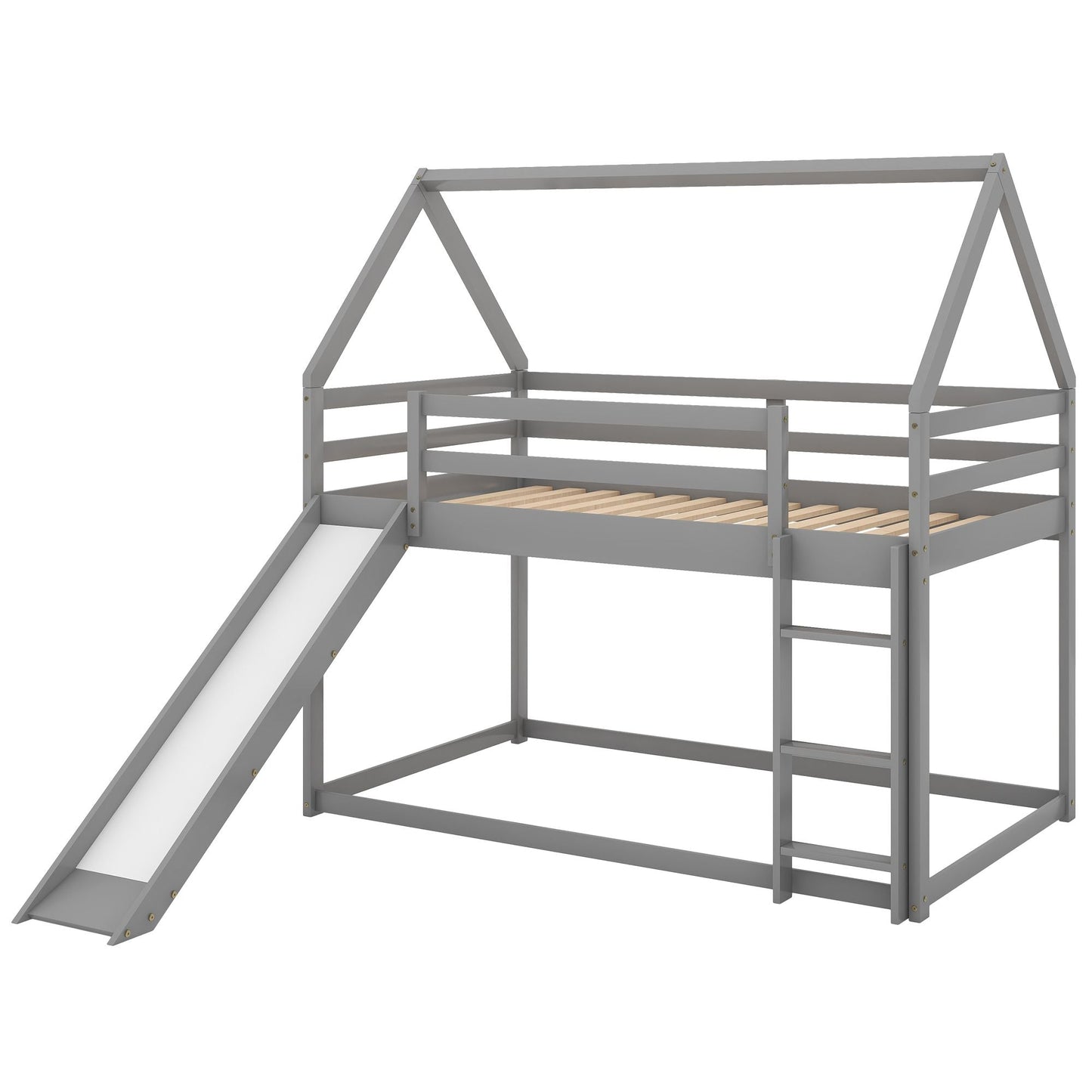House-Style Low Twin Over Twin Wood Bunk Bed with Ladder, White | Just Better Bunk Beds