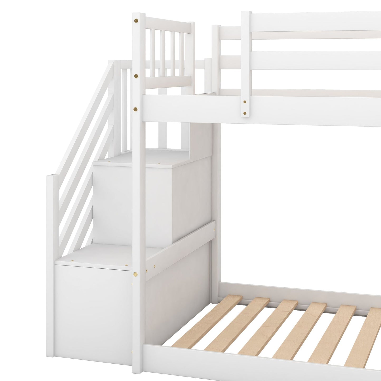 Convertible Twin Over Twin Wood Bunk Bed with Slide and Stairway, White | Just Better Bunk Beds