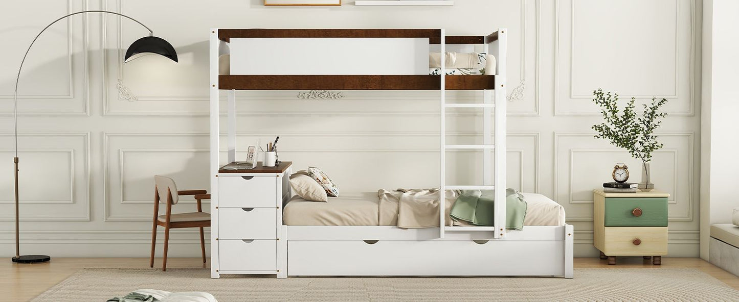 Multi-Functional Twin Over Twin Wood Bunk Bed with Trundle, Storage and Desk, White Walnut | Just Better Bunk Beds