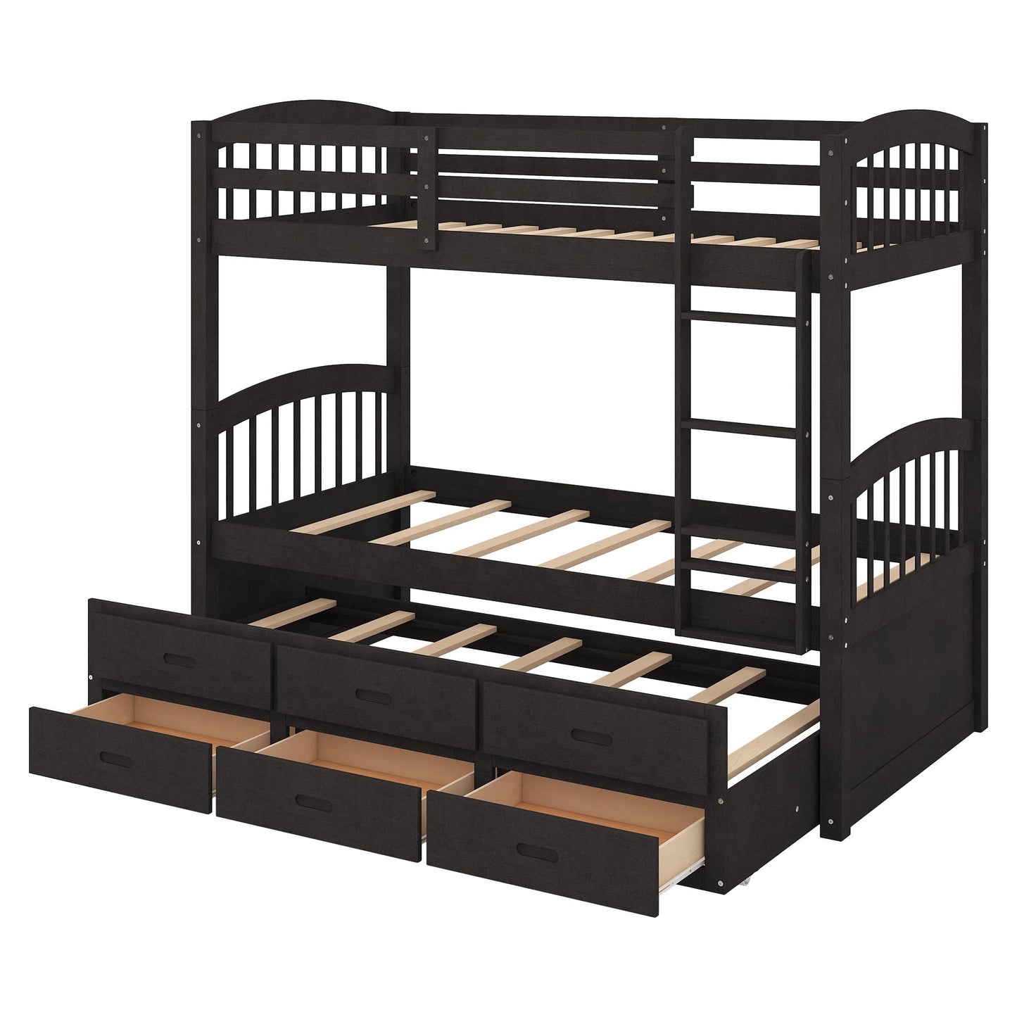 Shared Room Solution Twin Over Twin Wood Bunk Bed with Trundle and Drawers, Espresso | Just Better Bunk Beds
