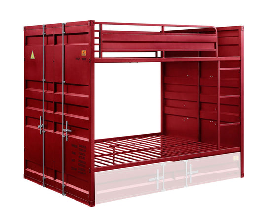 Kids Bedroom Full Over Full Wood Bunk Bed, Red Cargo Finish | Just Better Bunk Beds