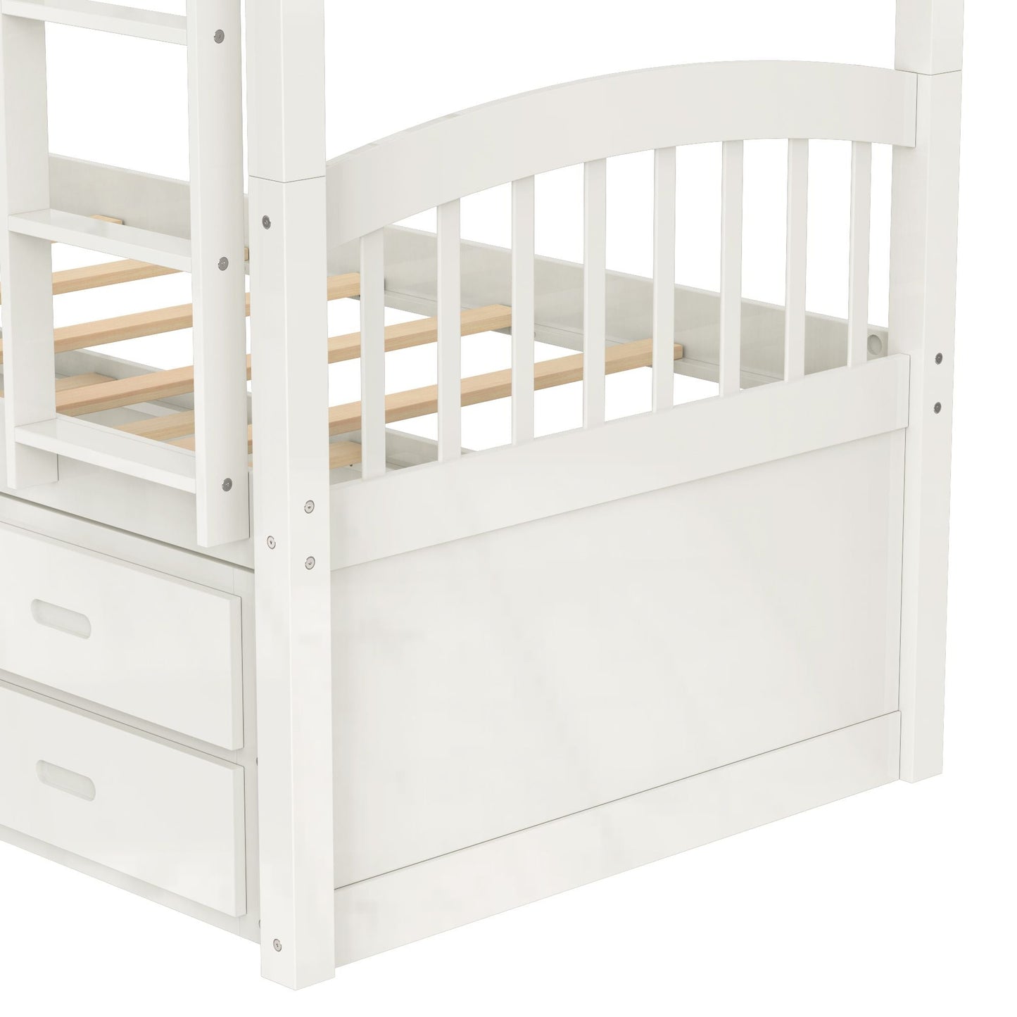Space-Saving Twin Over Twin Wood Bunk Bed with Trundle and Drawers, White | Just Better Bunk Beds