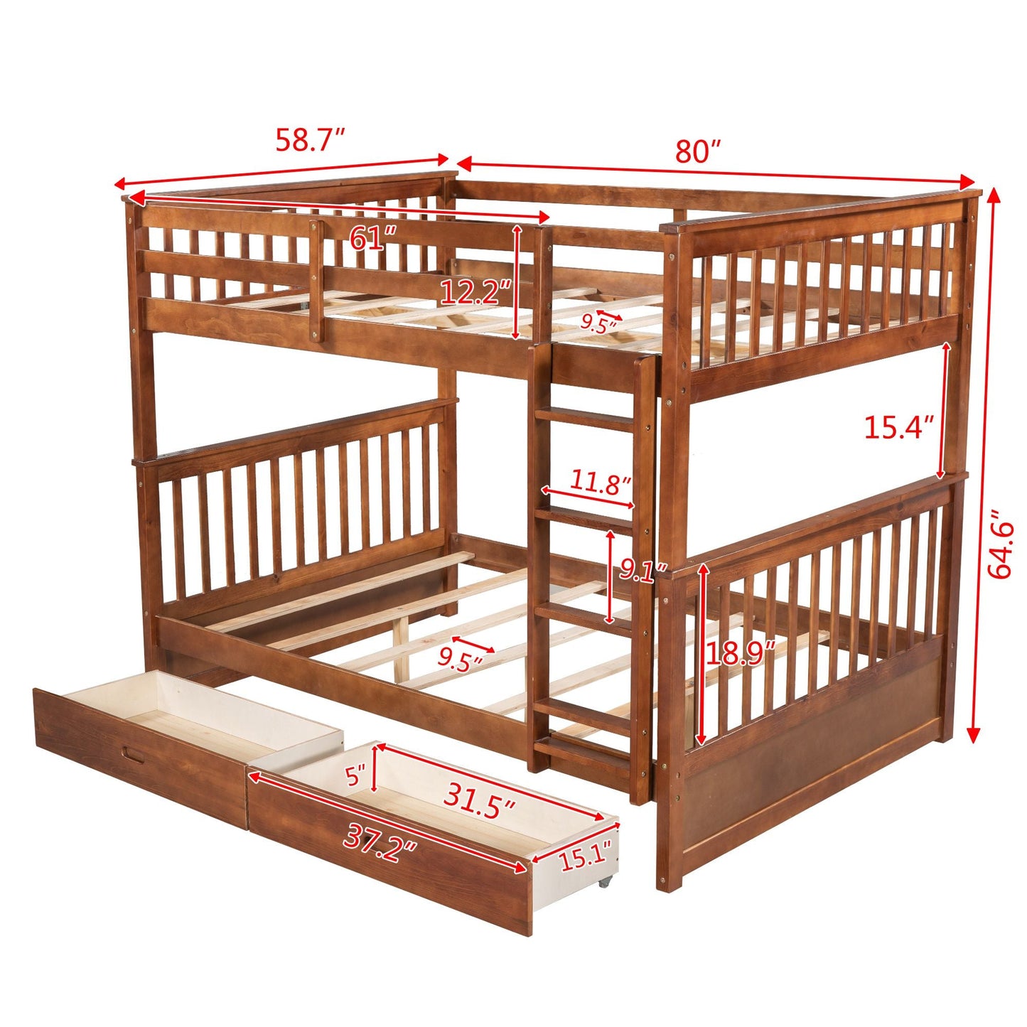 Shared Room Solution Full Over Full Wood Bunk Bed with Ladders and Storage Drawers, Walnut | Just Better Bunk Beds