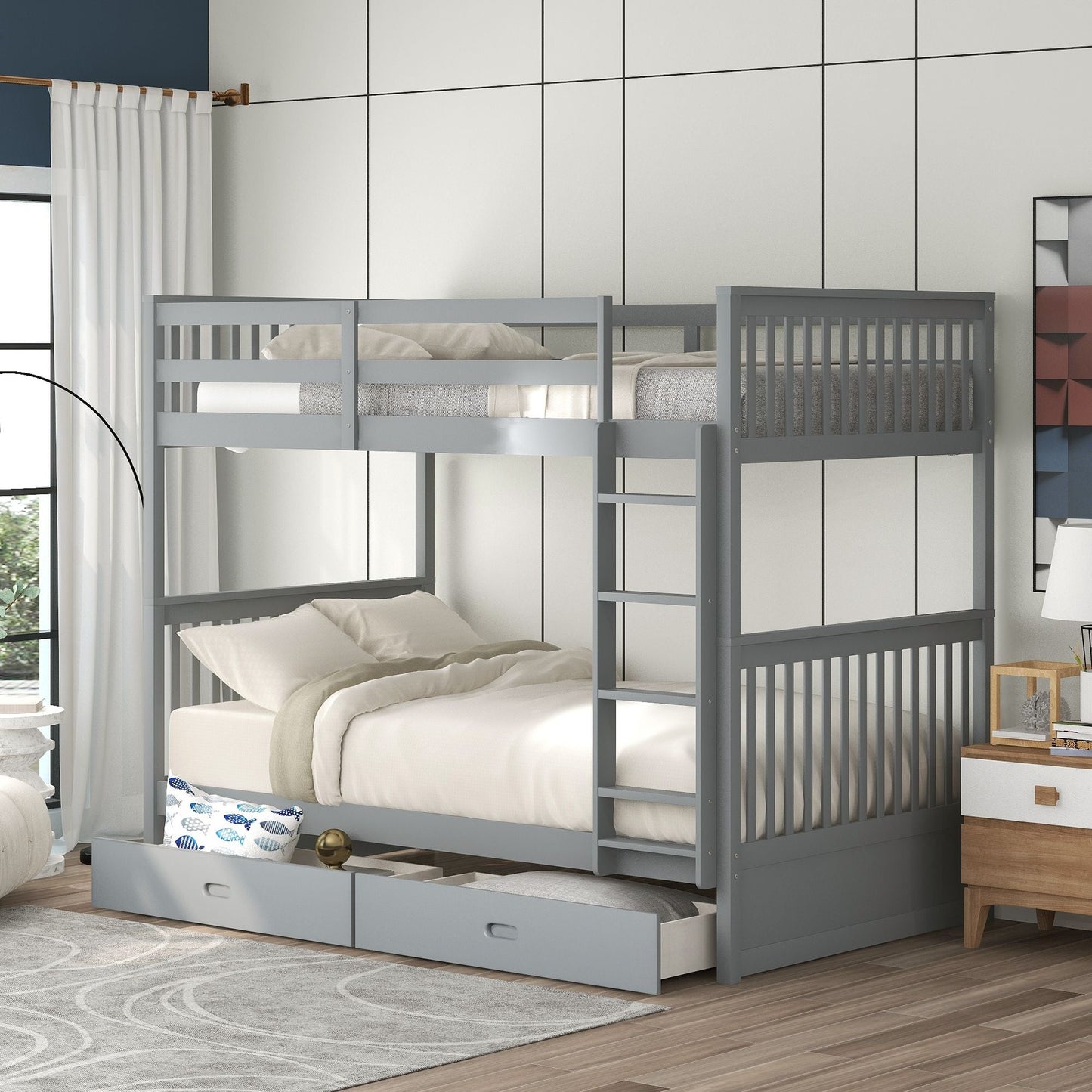 Storage Twin Over Twin Wood Bunk Bed with Ladders and Two Drawers, White | Just Better Bunk Beds