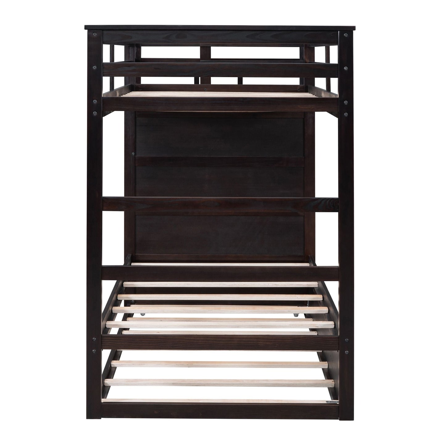 Shared Room Solution Twin Over Twin Wood Bunk Bed with Trundle and Staircase, Espresso | Just Better Bunk Beds