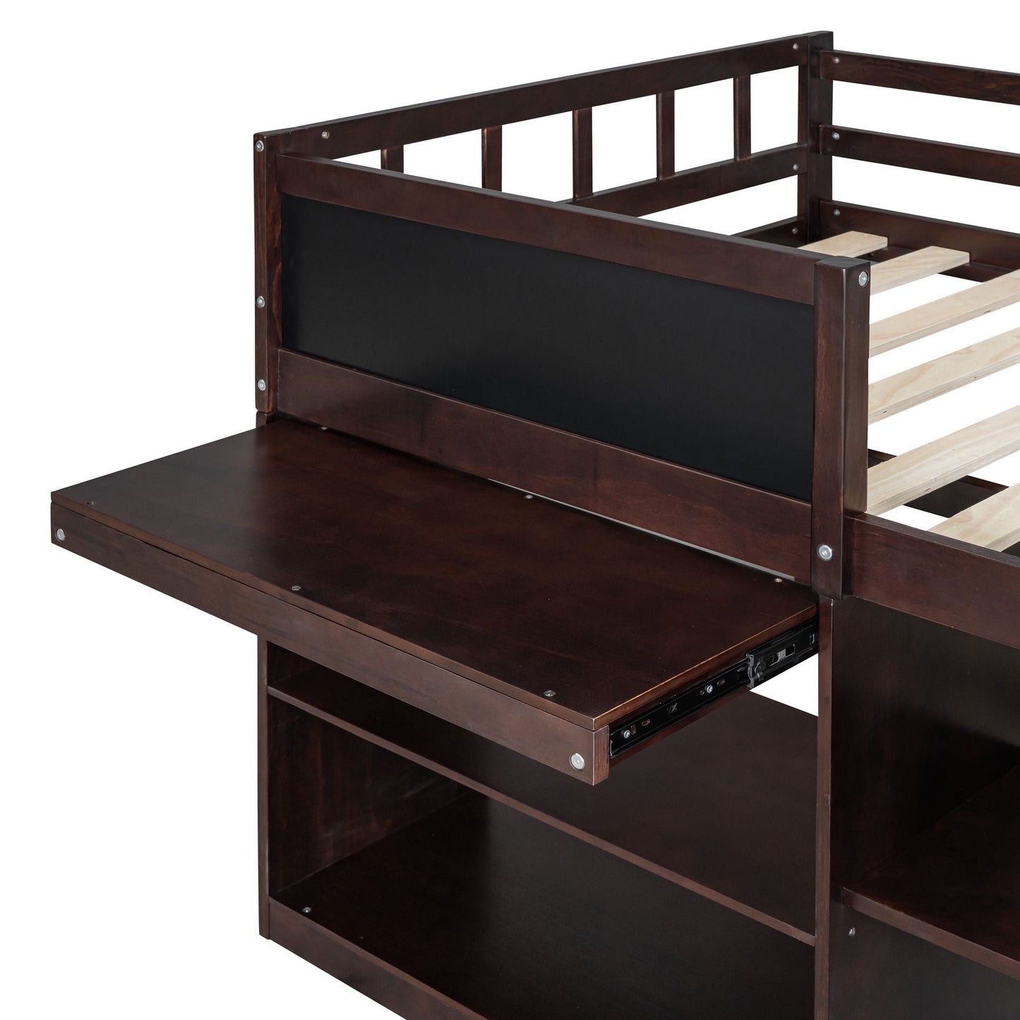 Space-Saving Twin Low Loft Wood Bed with Rolling Desk, Shelf, Drawers, White | Just Better Bunk Beds