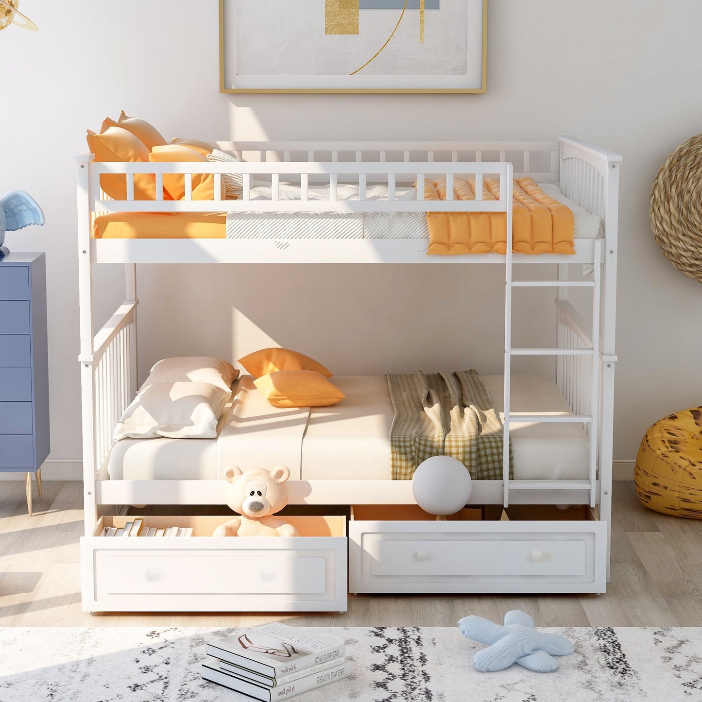 Convertible Full Over Full Wood Bunk Bed with Drawers, White | Just Better Bunk Beds