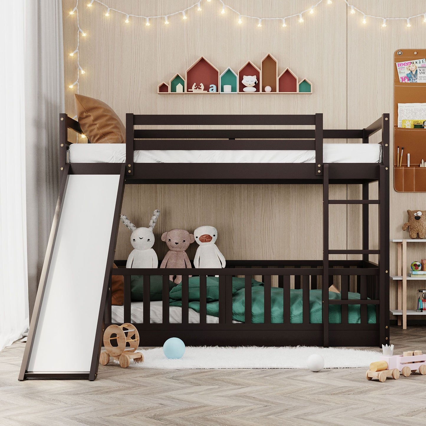 Kids Bedroom Twin Over Twin Wood Bunk Bed with Slide and Ladder, White | Just Better Bunk Beds