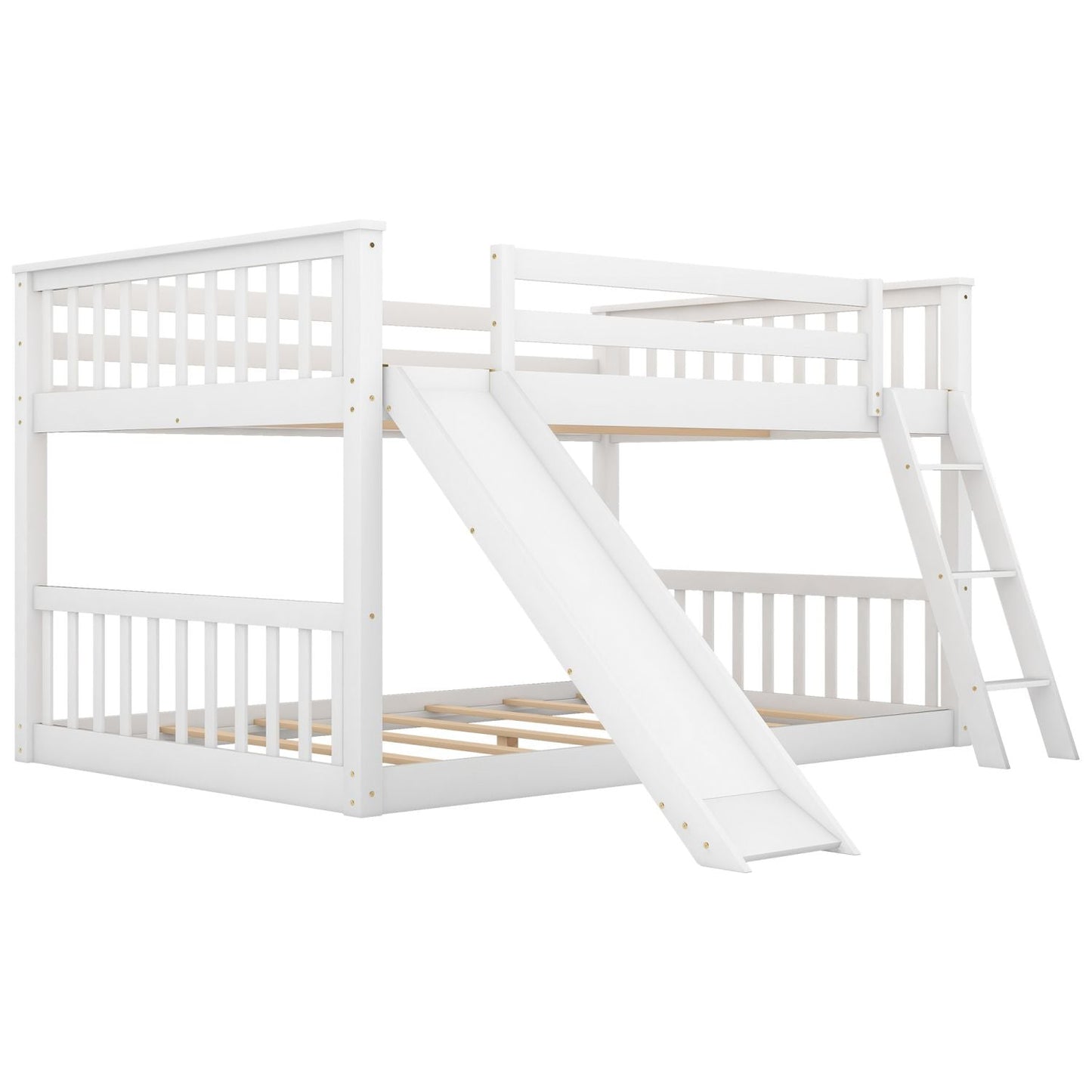 House-Style Full Over Full Wood Bunk Bed with Convertible Slide and Ladder, White | Just Better Bunk Beds