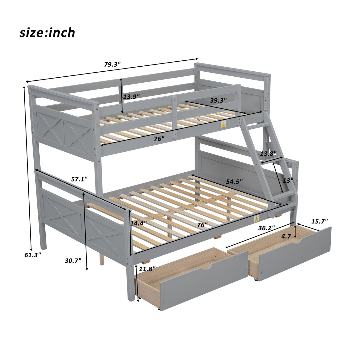 Heavy-Duty Twin Over Full Wood Bunk Bed with Ladder, Storage Drawers, Safety Guardrail, Gray | Just Better Bunk Beds