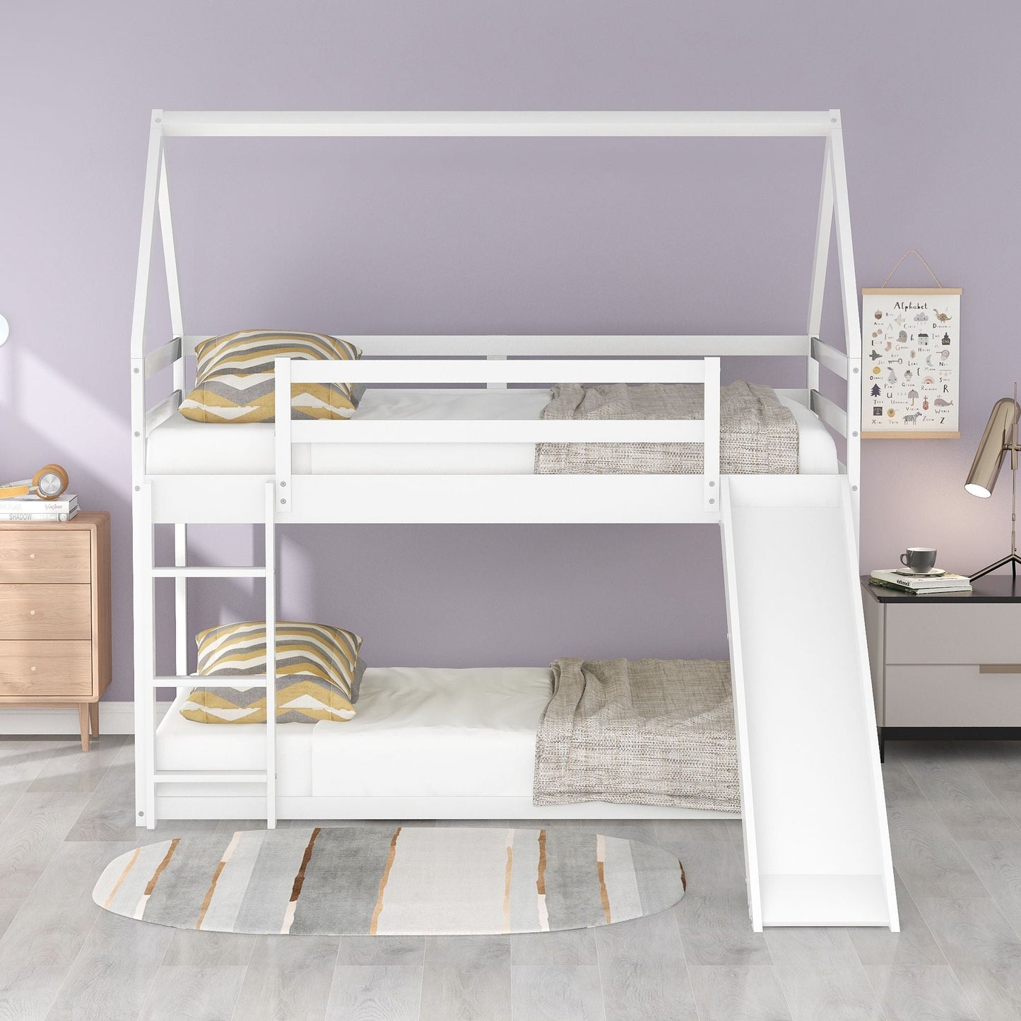Kids Bedroom Twin Wood Bunk House Bed with Slide and Ladder, White | Just Better Bunk Beds