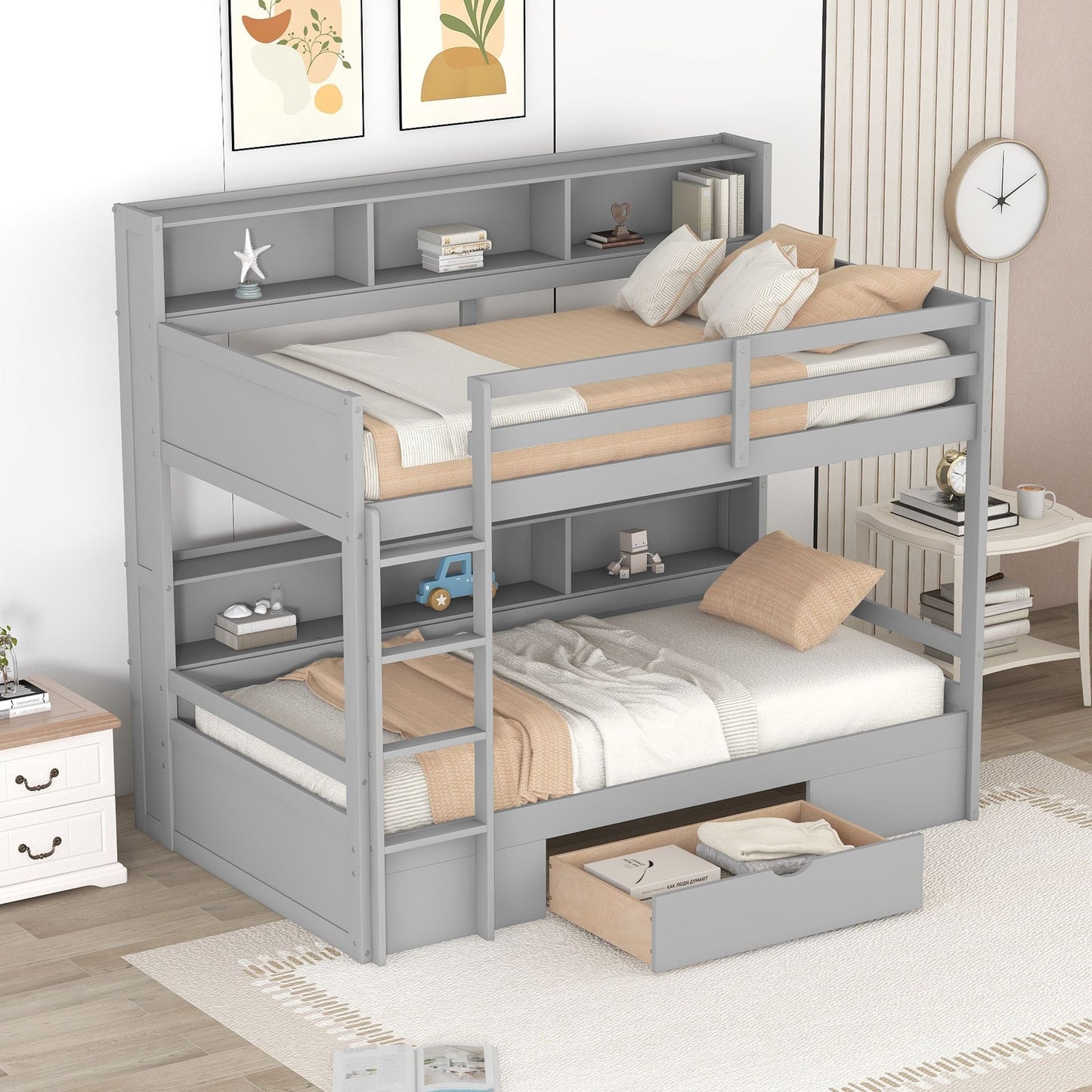 Shared Room Solution Twin Wood Bunk Bed with Built-In Shelves and Storage, White | Just Better Bunk Beds