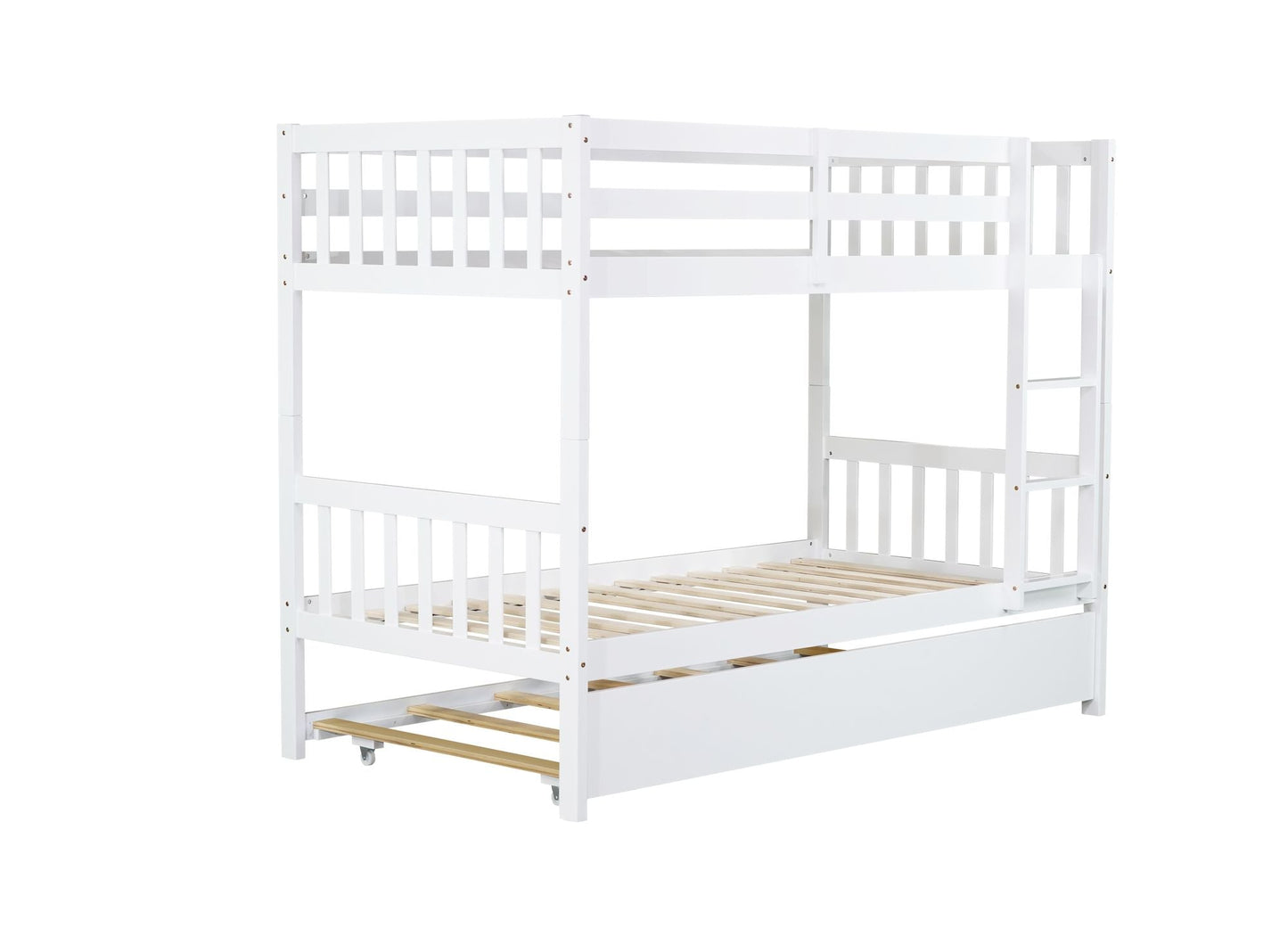Space-Saving Twin Over Twin Rubber Wood Bunk Bed with Trundle, Convertible Beds, Ladder, Guardrails, White | Just Better Bunk Beds