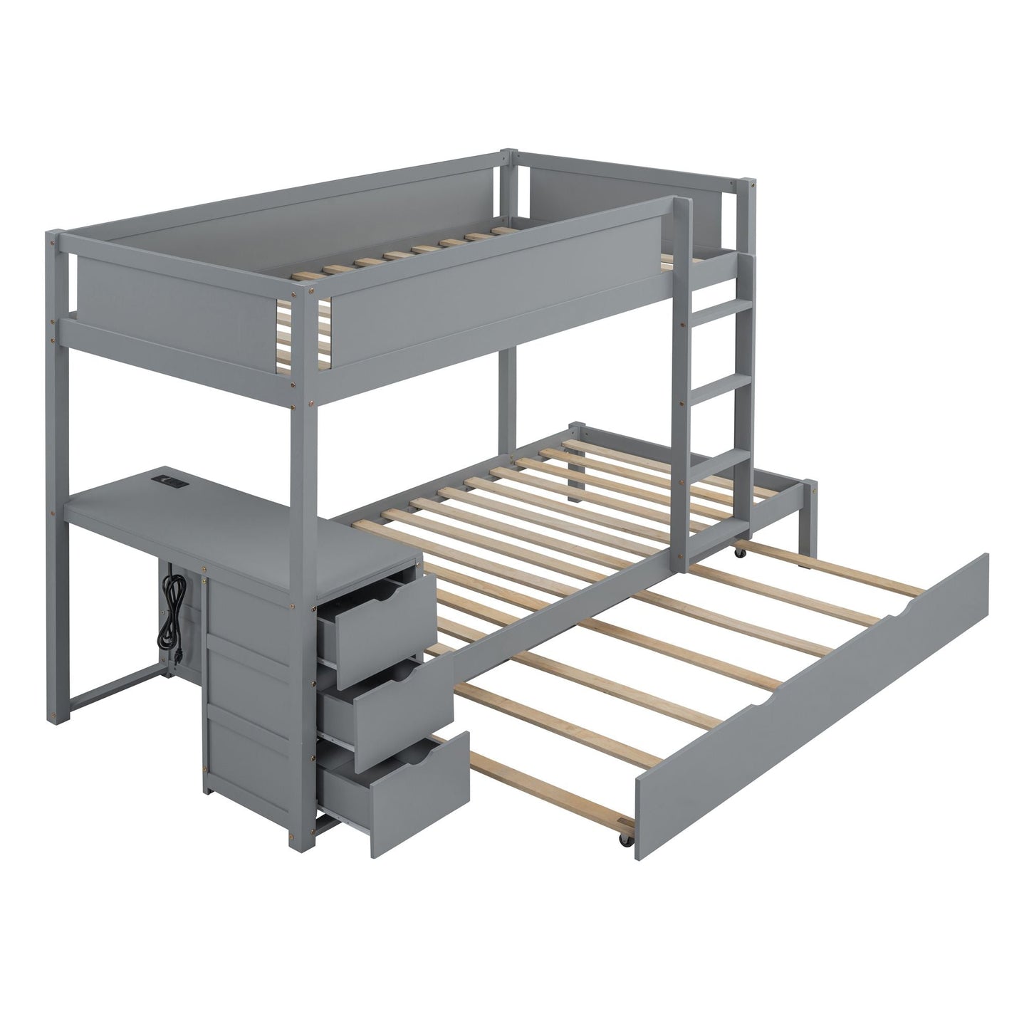 Space-Saving Twin Over Twin Wood Bunk Bed with Twin Trundle, Storage, Desk, Gray | Just Better Bunk Beds