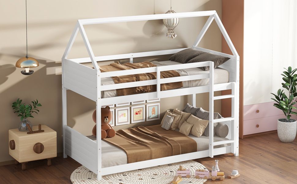 Twin Over Twin House Floor Bunk Bed with Headboards,  Footboards and Guardrails,  Ladder,  Rubber Wood Bunk Bed with Safety Guardrails, White