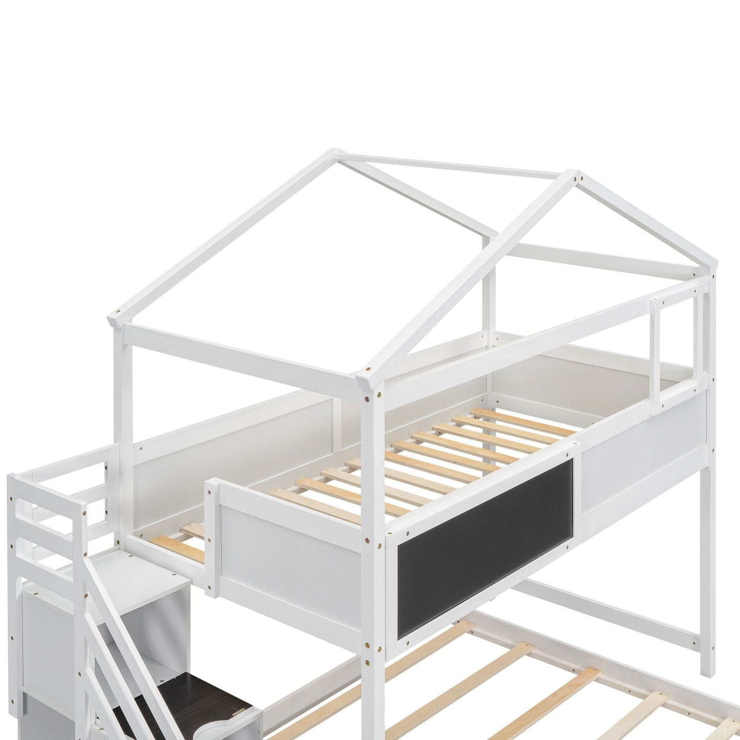 House-Style Twin Over Full Wood Bunk Bed with Storage Staircase, Blackboard, White | Just Better Bunk Beds