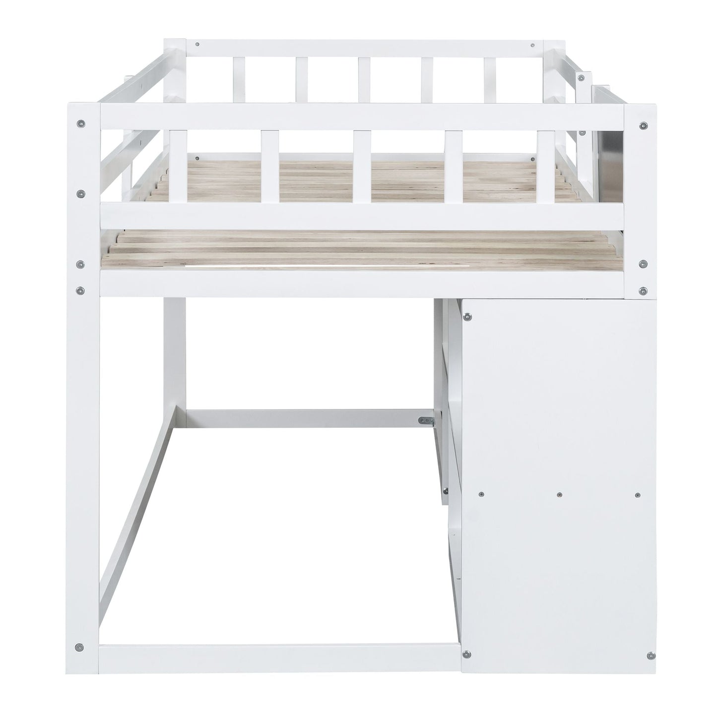 Space-Saving Twin Low Loft Wood Bed with Rolling Desk, Shelf, Drawers, White | Just Better Bunk Beds