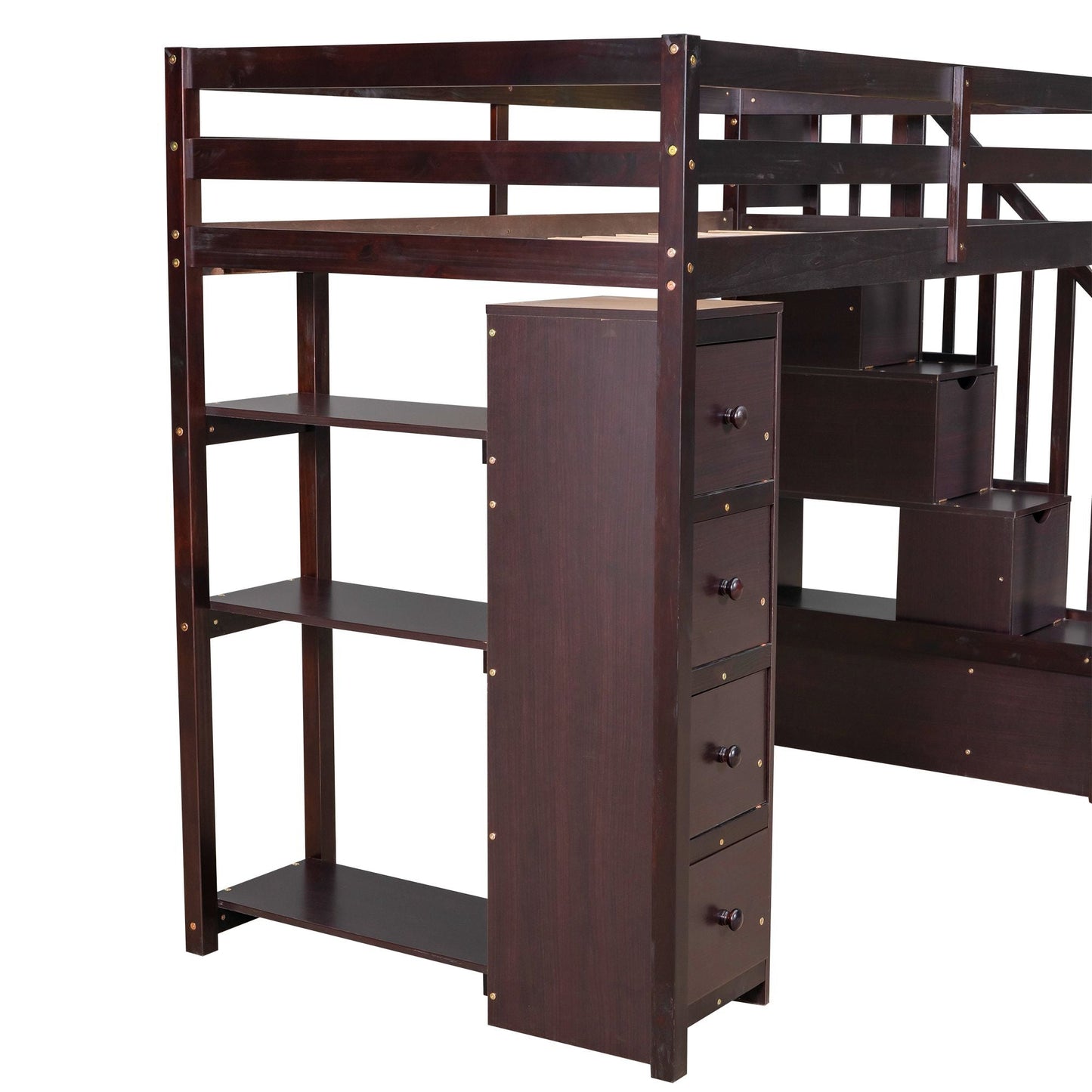 Kids Bedroom Twin Wood Loft Bed with Storage Drawers and Stairs, Espresso | Just Better Bunk Beds