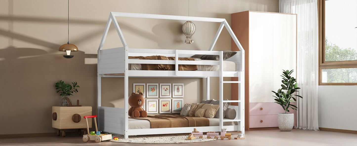 Twin Over Twin House Floor Bunk Bed with Headboards,  Footboards and Guardrails,  Ladder,  Rubber Wood Bunk Bed with Safety Guardrails, White