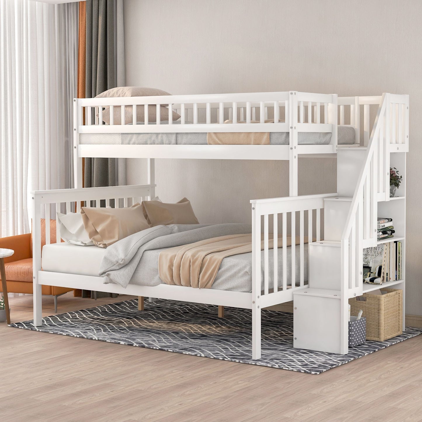 Twin over Full Stairway Bunk Bed with storage,  White