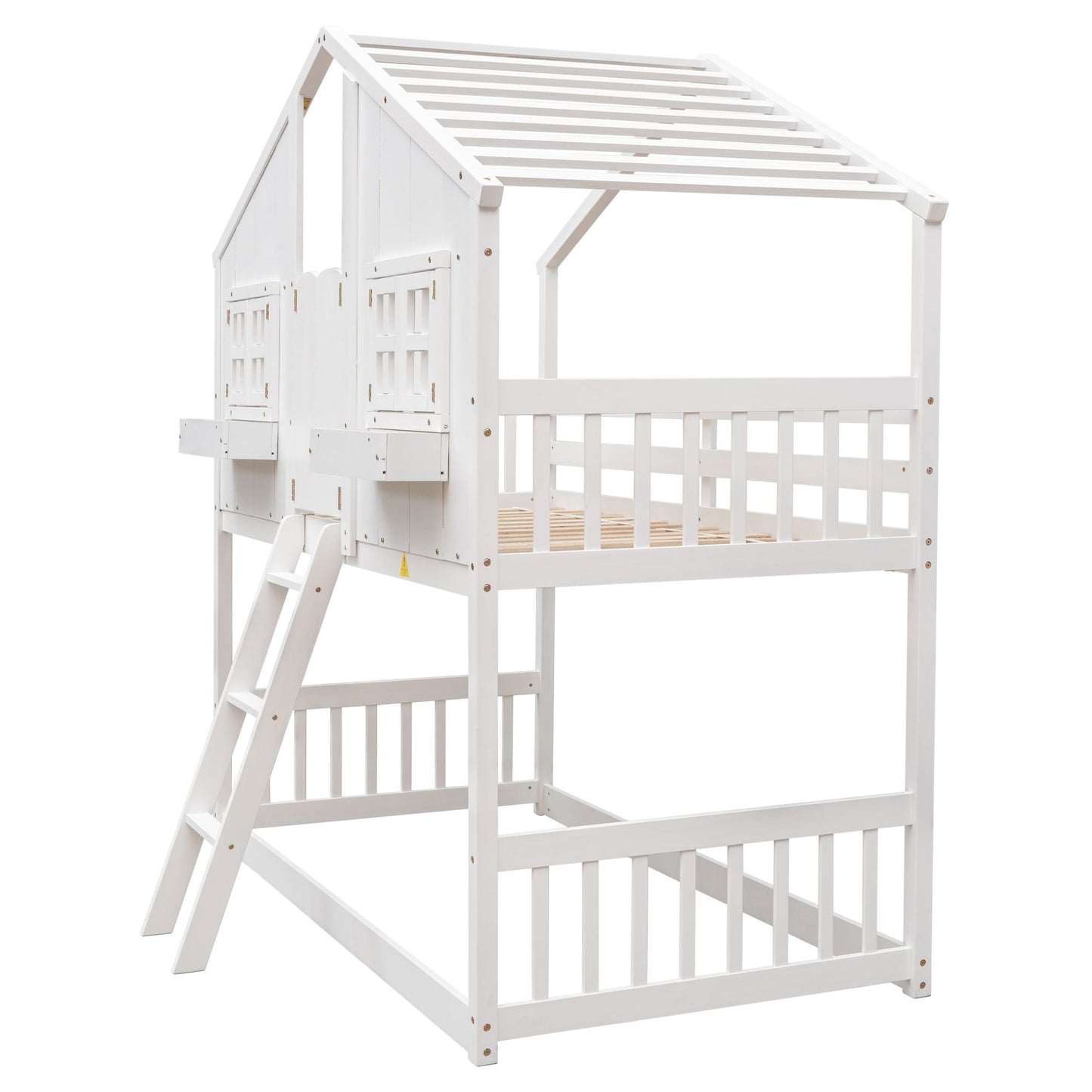 House-Style Twin Over Twin Wood Bunk Bed with Roof, Window, Door, and Ladder, Multiple Colors | Just Better Bunk Beds