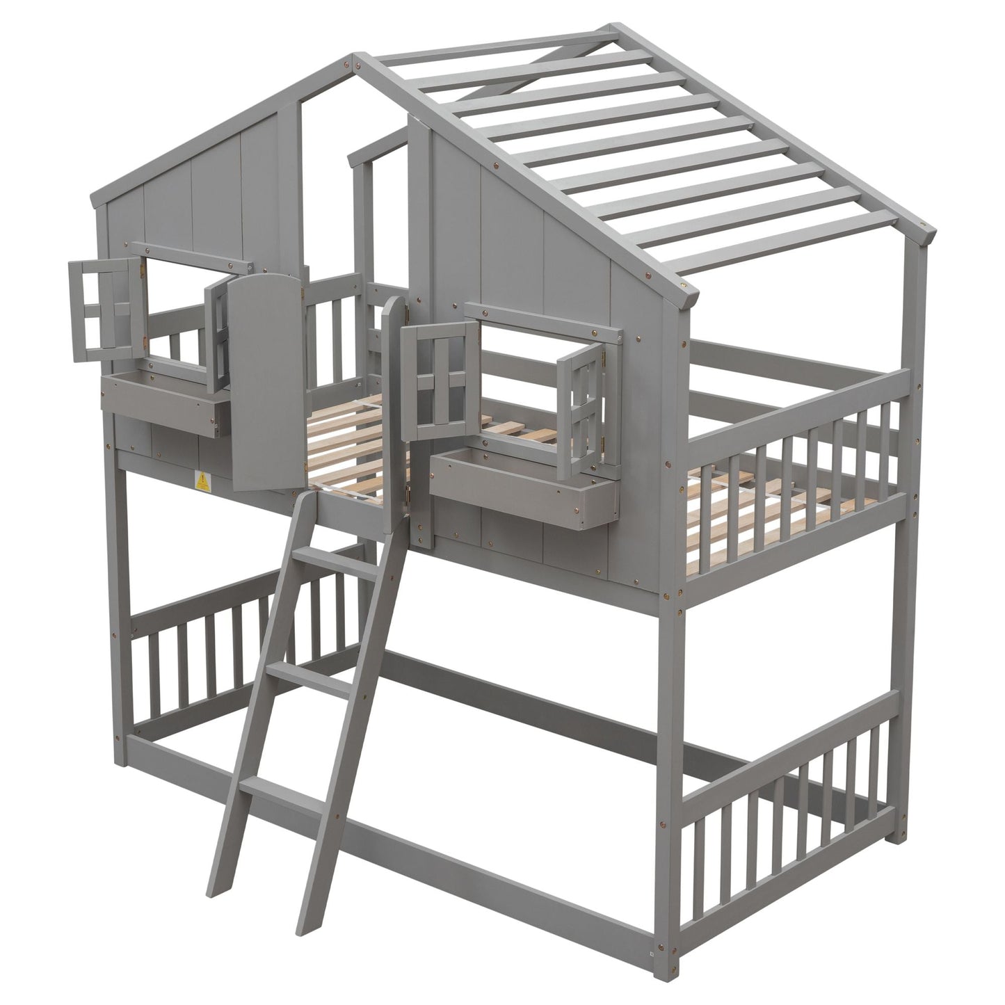House-Style Twin Over Twin Wood Bunk Bed with Roof, Window, Door, and Ladder, Multiple Colors | Just Better Bunk Beds