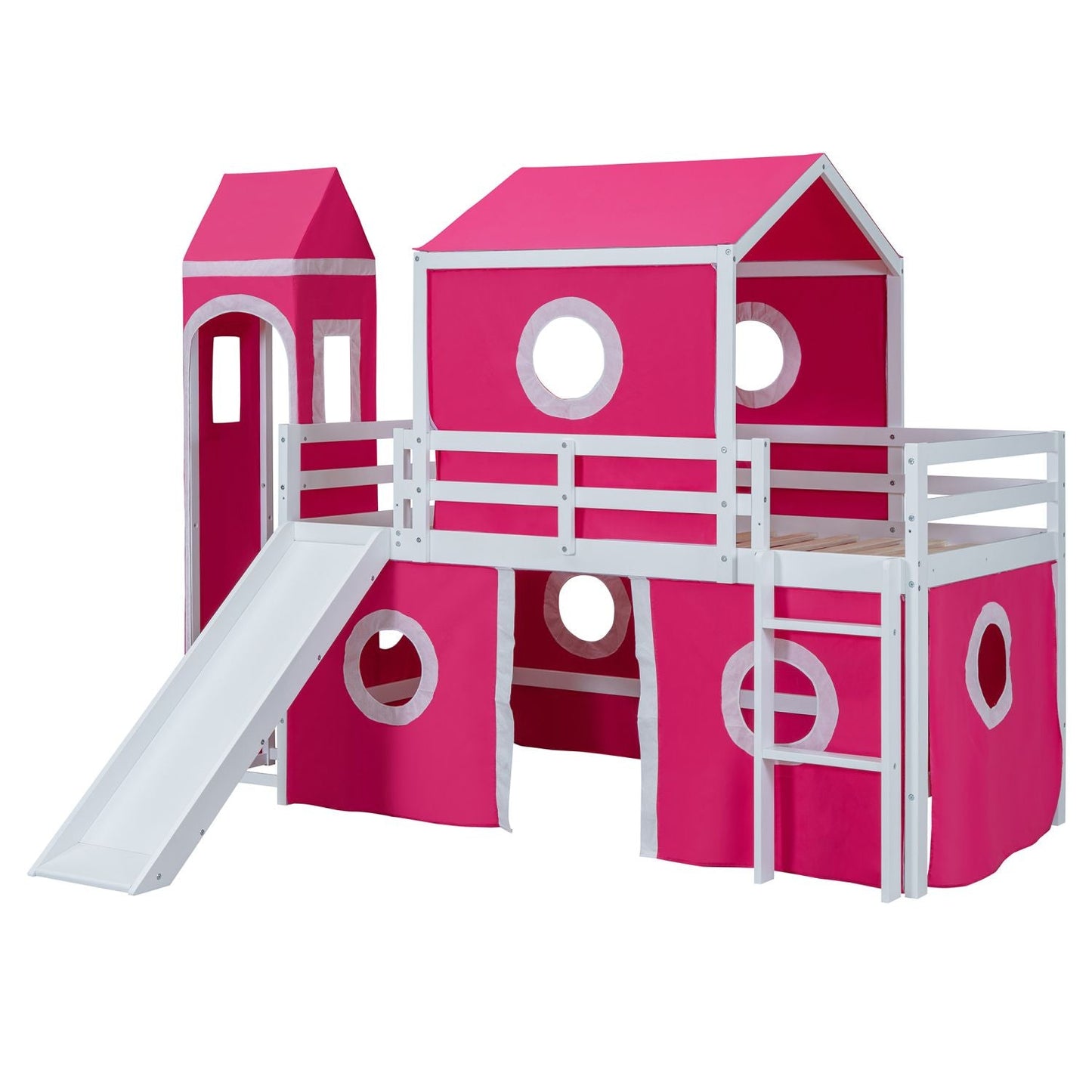 Kids Bedroom Twin Loft Bed with Slide, Pink Tent and Tower, Pink Wood | Just Better Bunk Beds