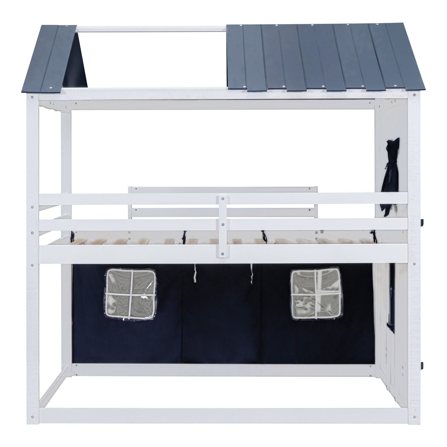 Kids Bedroom Full Wood House-Style Bunk Bed with Windows and Tent, Blue White | Just Better Bunk Beds