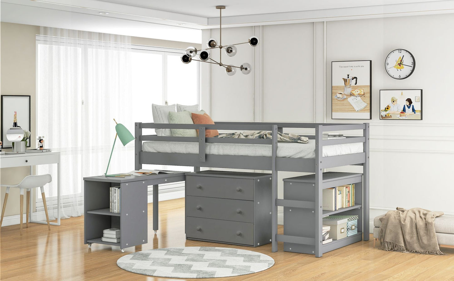 Kids Bedroom Twin Wood Loft Bed with Cabinet and Rolling Desk, White | Just Better Bunk Beds