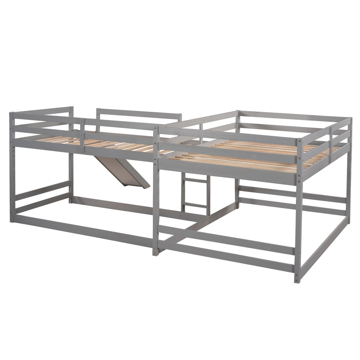 Full and Twin Size L-Shaped Bunk Bed with Slide and Short Ladde