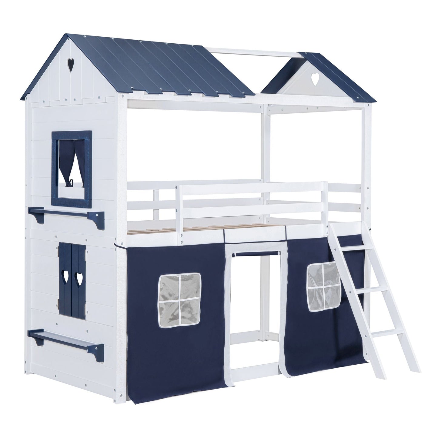 House-Style Twin Wood Bunk Bed with Elegant Windows, Sills, Tent, Blue and White | Just Better Bunk Beds