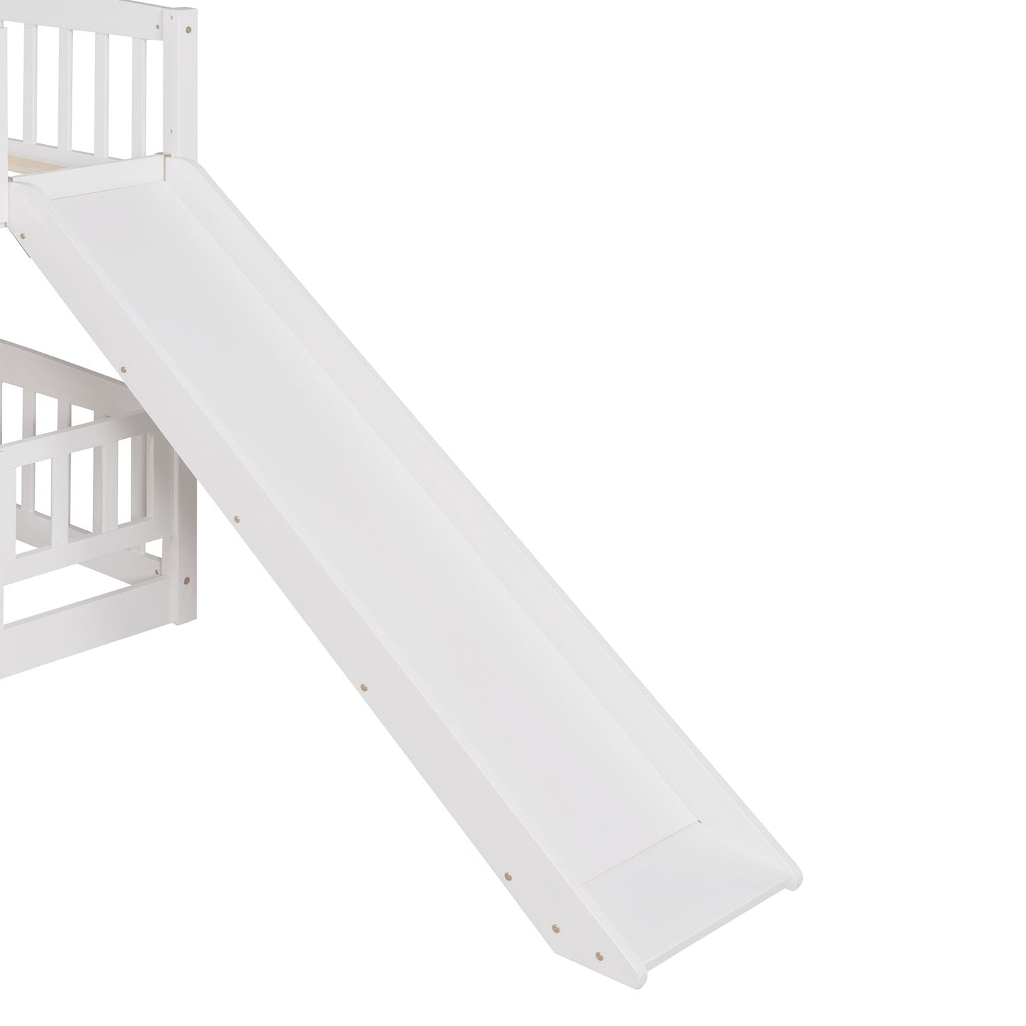 Kids Bedroom Full Over Full Wood Bunk Bed with Slide, Fence, Ladder, White | Just Better Bunk Beds
