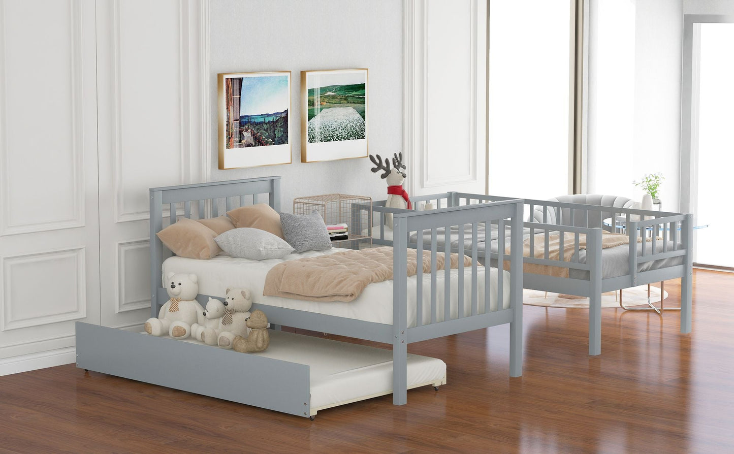Storage-Enhanced Twin Over Twin Wood Bunk Bed with Trundle, Gray | Just Better Bunk Beds