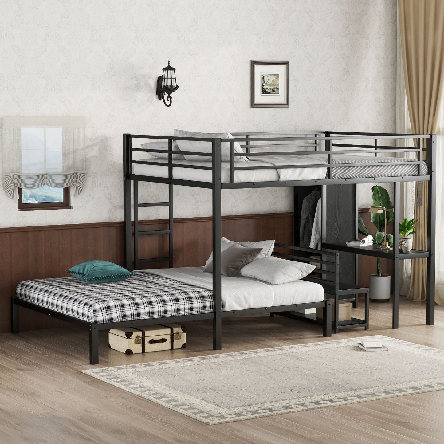 Shared Room Solution Queen Over Queen Metal Bunk Bed with Built-in Wardrobe, Desk, and Storage Chairs, Black | Just Better Bunk Beds