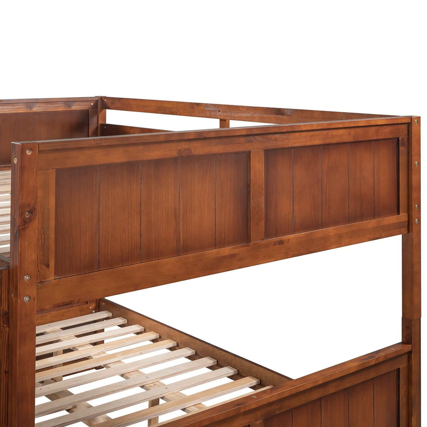 Space-Saving Full Over Full Wood Bunk Bed with Twin Trundle, Walnut | Just Better Bunk Beds