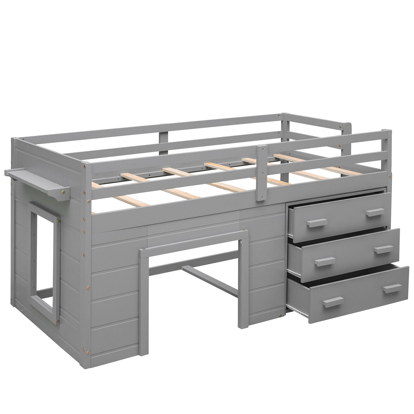 Kids Bedroom Twin Wood Loft Bed with Cabinet and Shelf, White | Just Better Bunk Beds