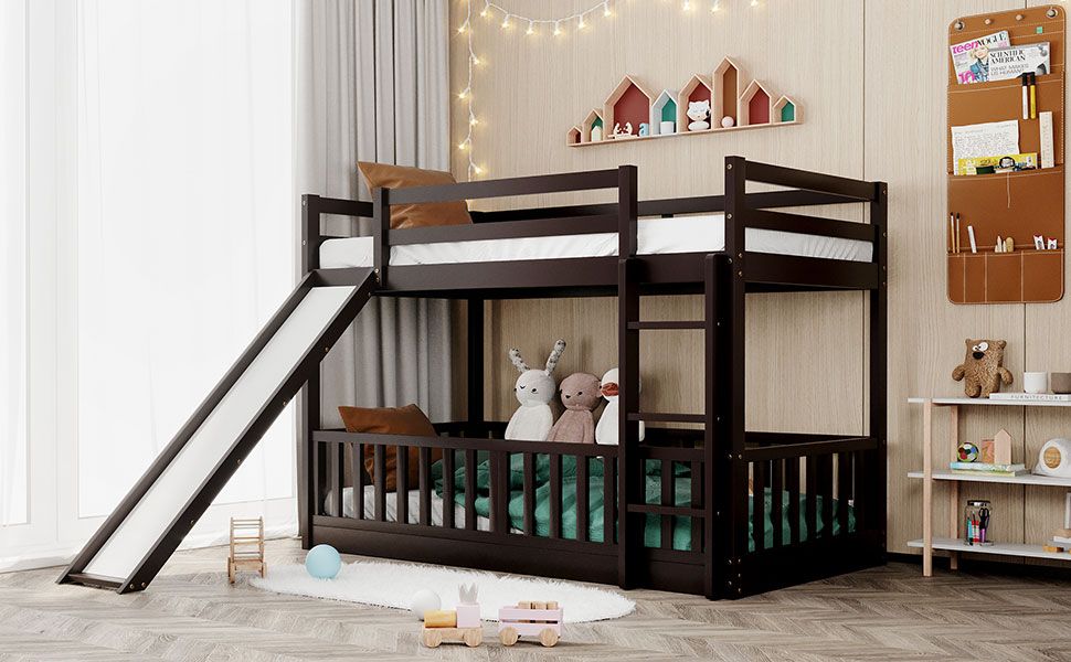Kids Bedroom Twin Over Twin Wood Bunk Bed with Slide and Ladder, Espresso | Just Better Bunk Beds