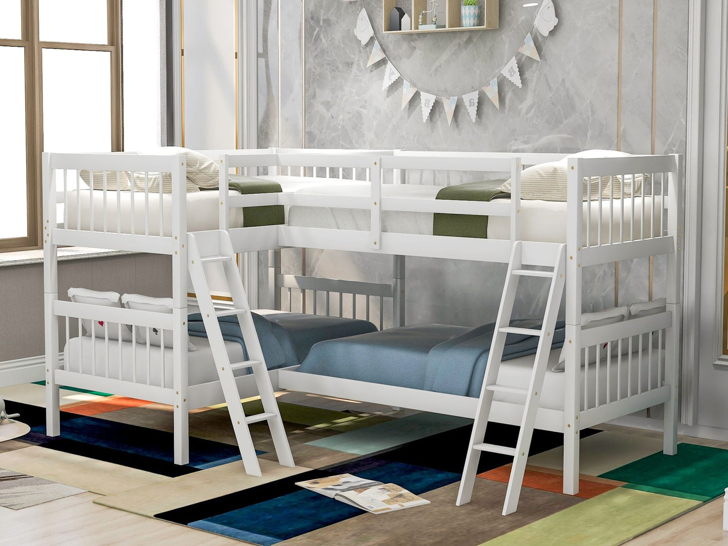 Space-Saving L-Shaped Twin Wood Bunk Bed with Ladder and Safety Guardrail, Gray | Just Better Bunk Beds