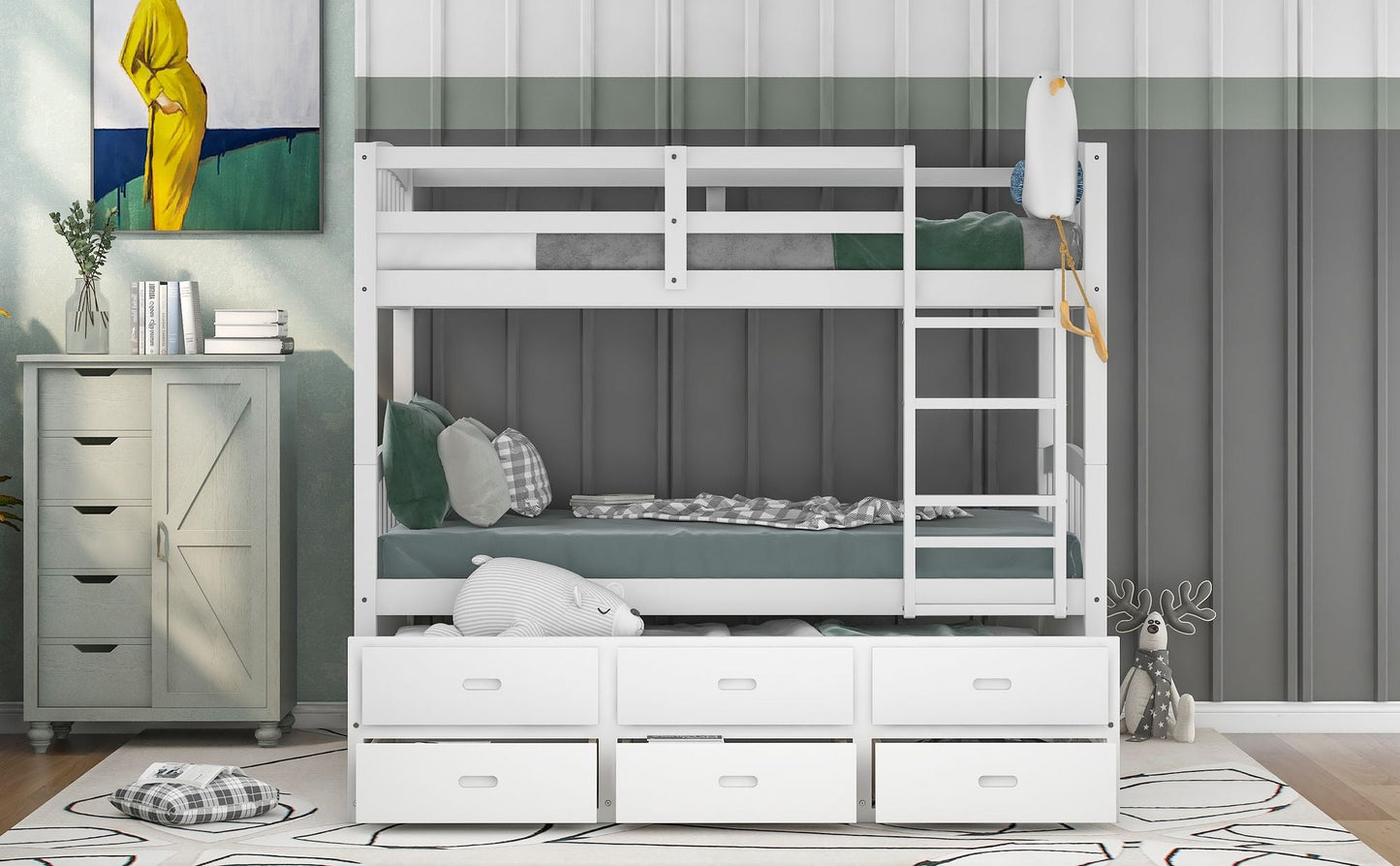 Space-Saving Twin Over Twin Wood Bunk Bed, White with Trundle and Drawers | Just Better Bunk Beds