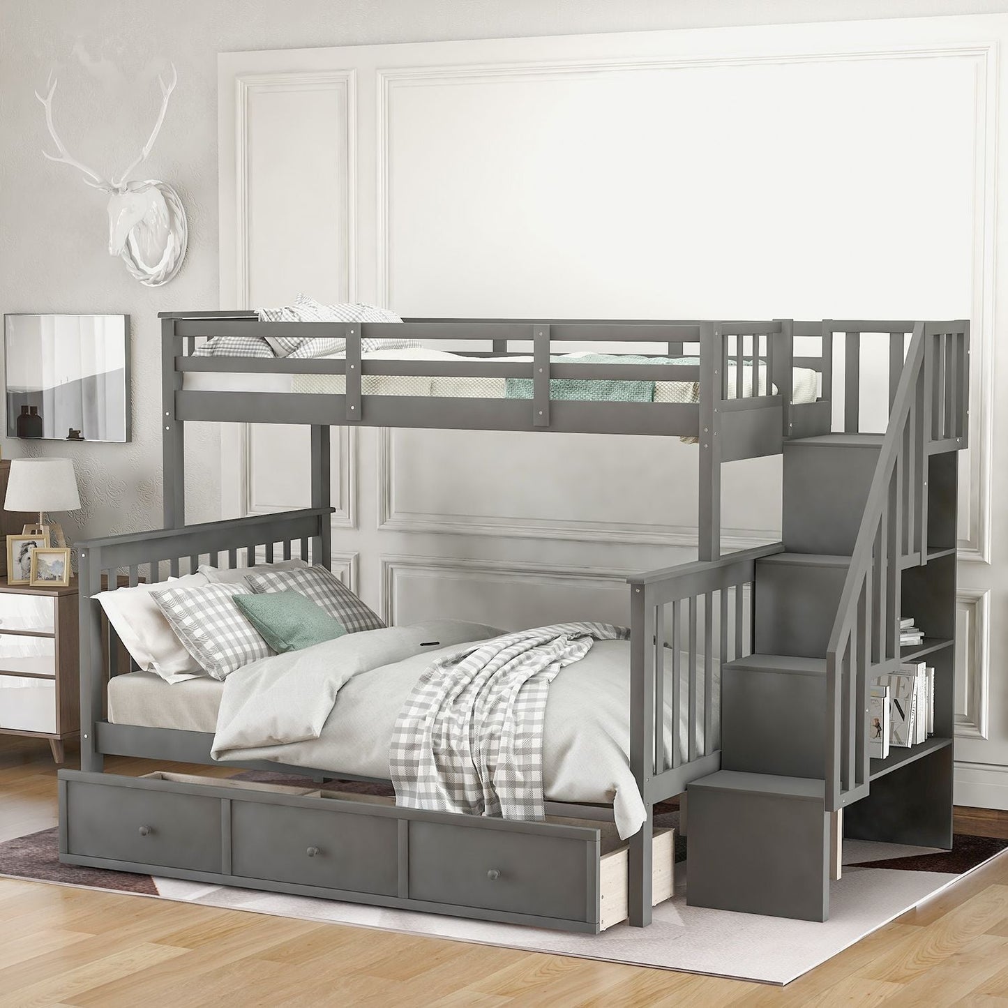 Staircase Storage Twin Over Full Wood Bunk Bed with Drawer, Storage, and Guard Rail, Gray | Just Better Bunk Beds