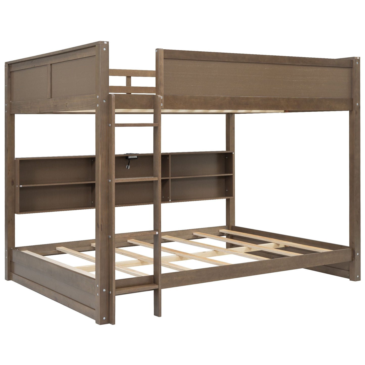 Shared Room Solution Queen Over Queen Wood Bunk Bed with Storage Cabinets and USB Ports, Natural | Just Better Bunk Beds