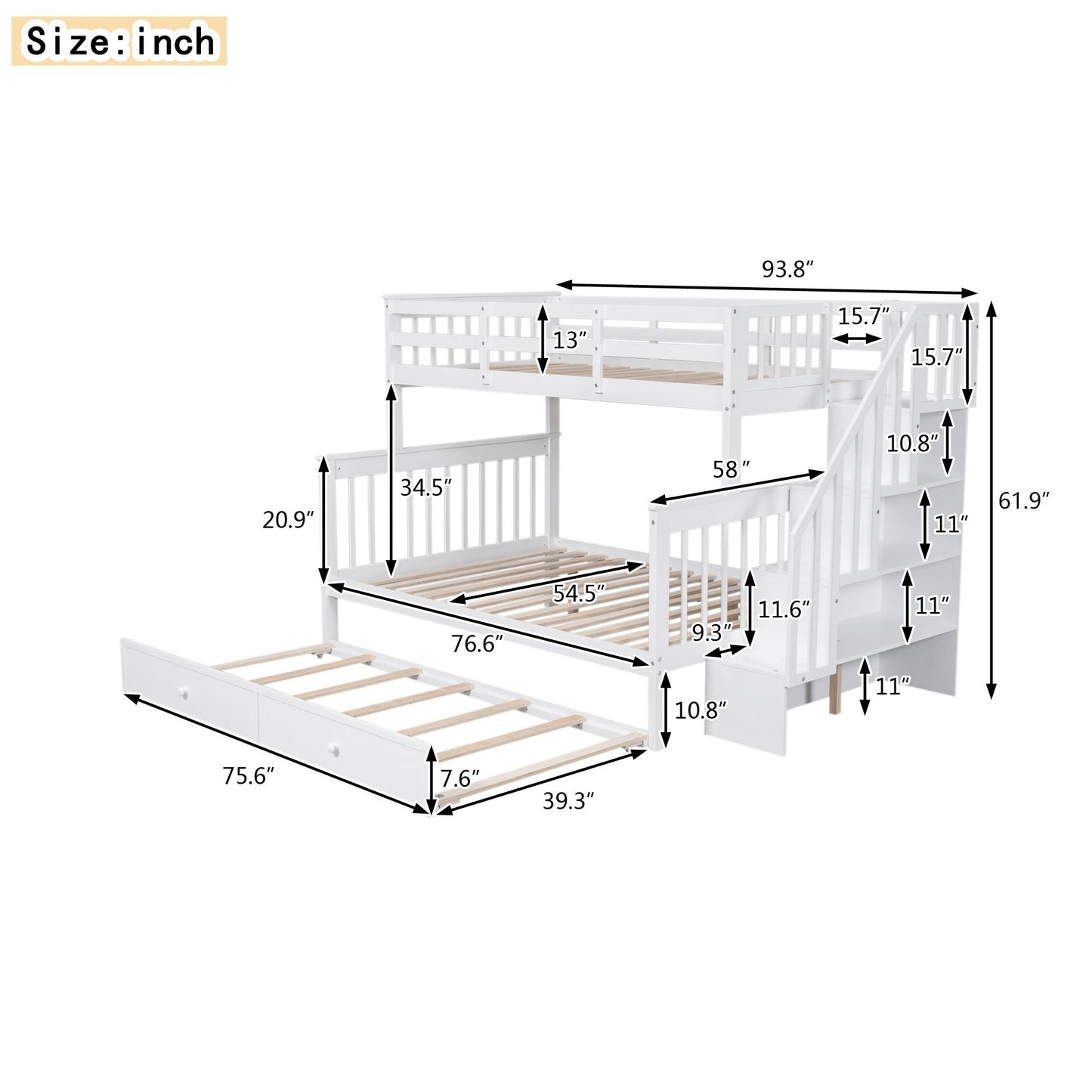 Staircase Storage Twin Over Full Wood Bunk Bed with Trundle, Storage, and Guard Rail, White | Just Better Bunk Beds