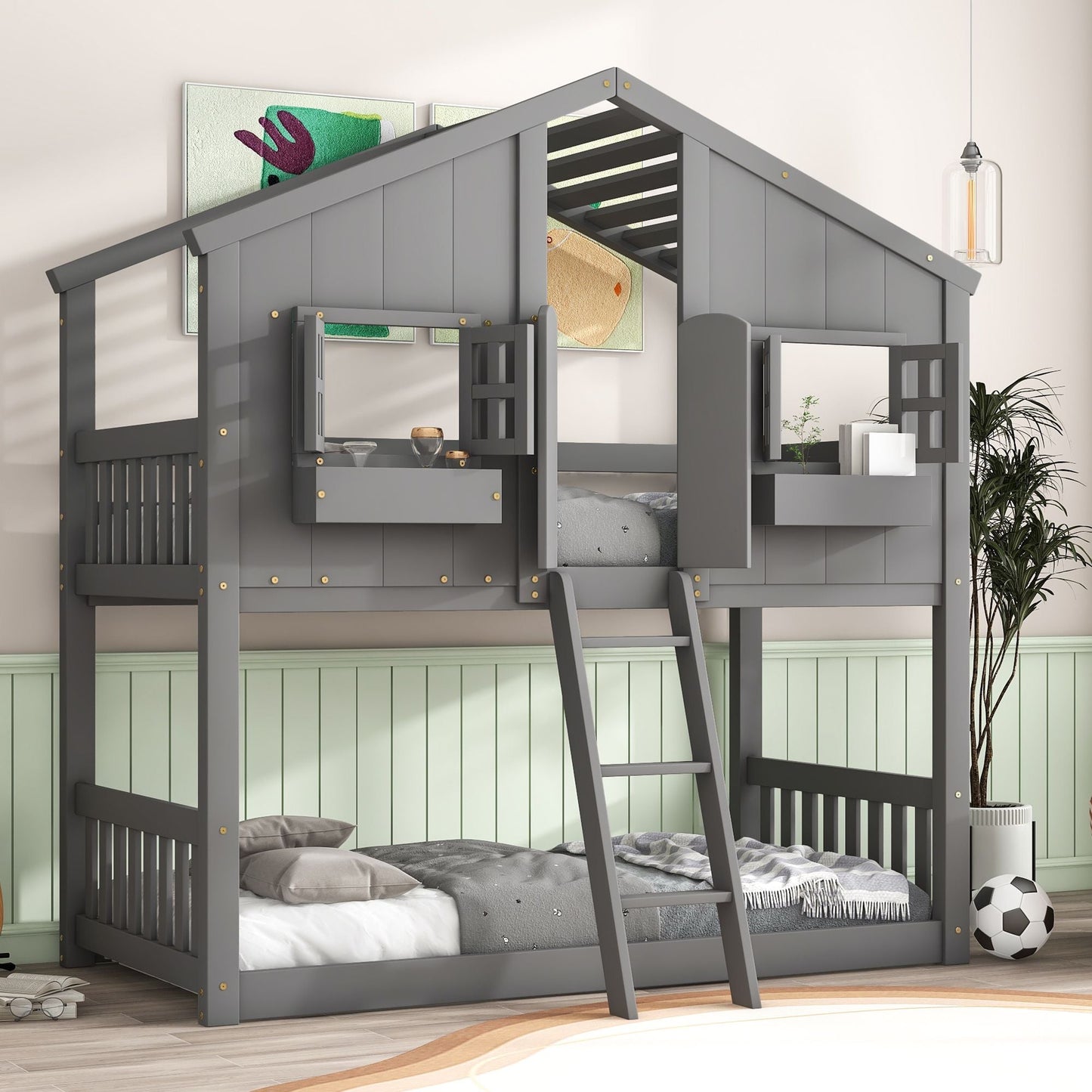 House-Style Twin Over Twin Wood Bunk Bed with Roof, Window, Door, and Ladder, Multiple Colors | Just Better Bunk Beds