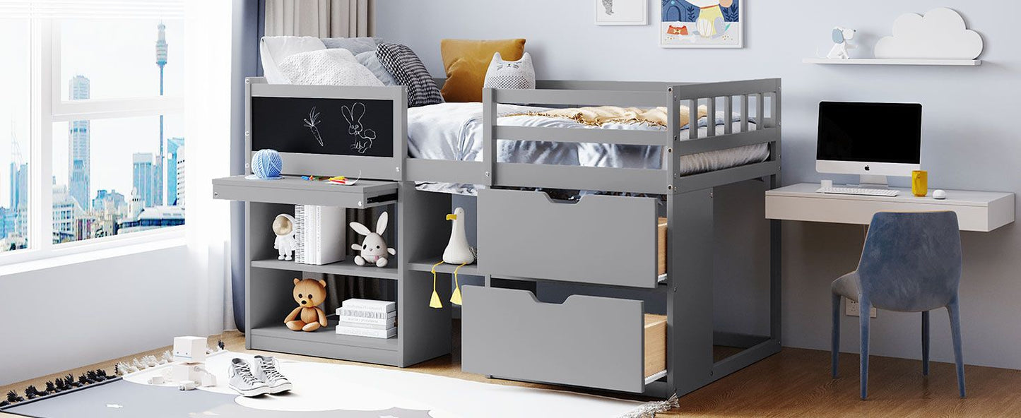 Space-Saving Twin Low Loft Wood Bed with Rolling Desk, Shelf, Drawers, White | Just Better Bunk Beds