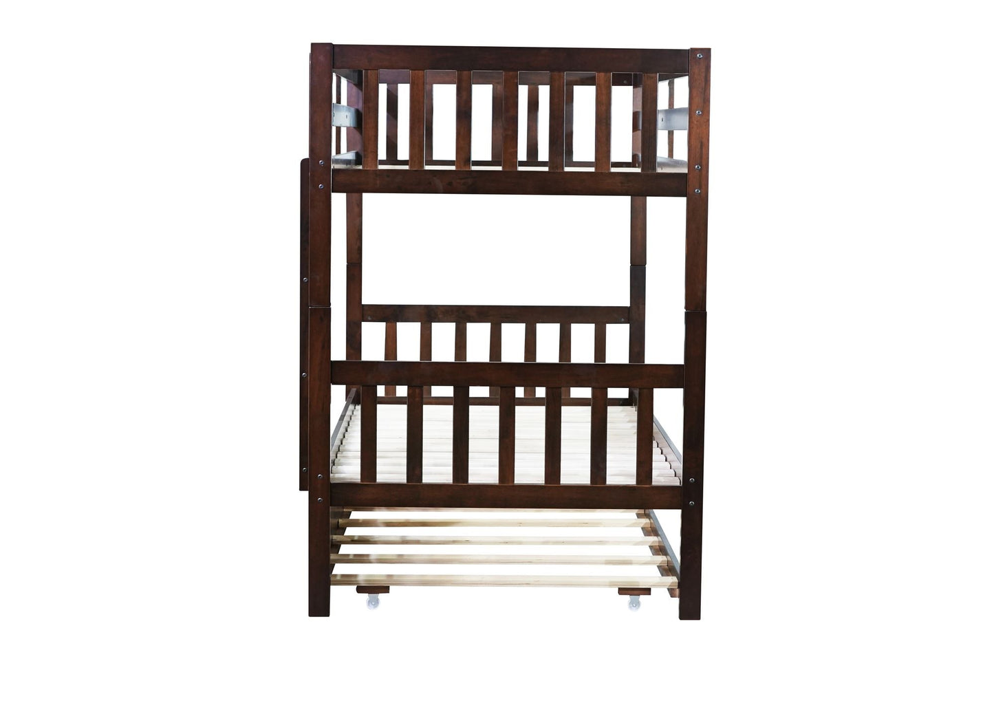 Convertible Twin Over Twin Rubber Wood Bunk Bed with Trundle, Ladder and Safety Guardrails, Espresso | Just Better Bunk Beds