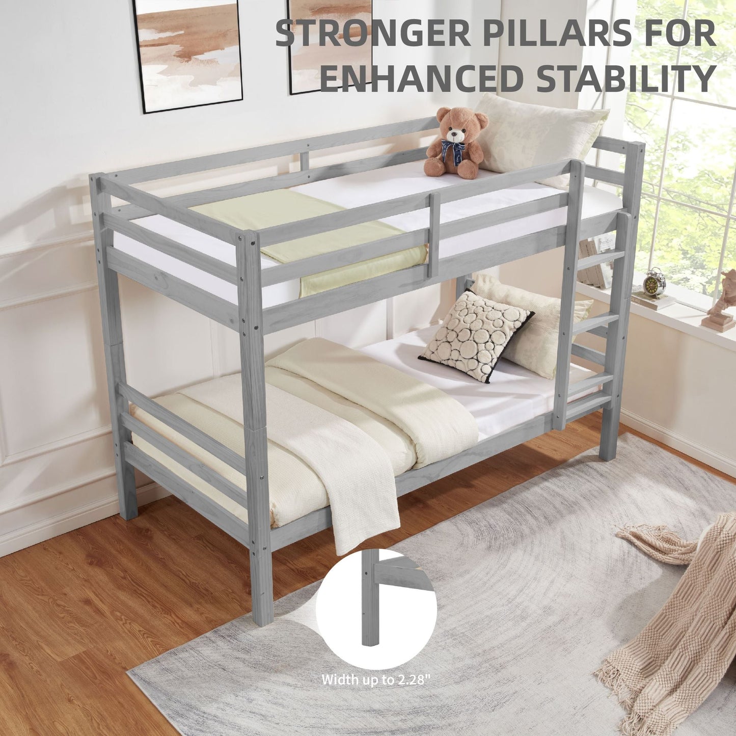 Heavy-Duty Twin Over Twin Wood Bunk Bed, Gray with Thick Posts, Ladder, and High Guardrail | Just Better Bunk Beds
