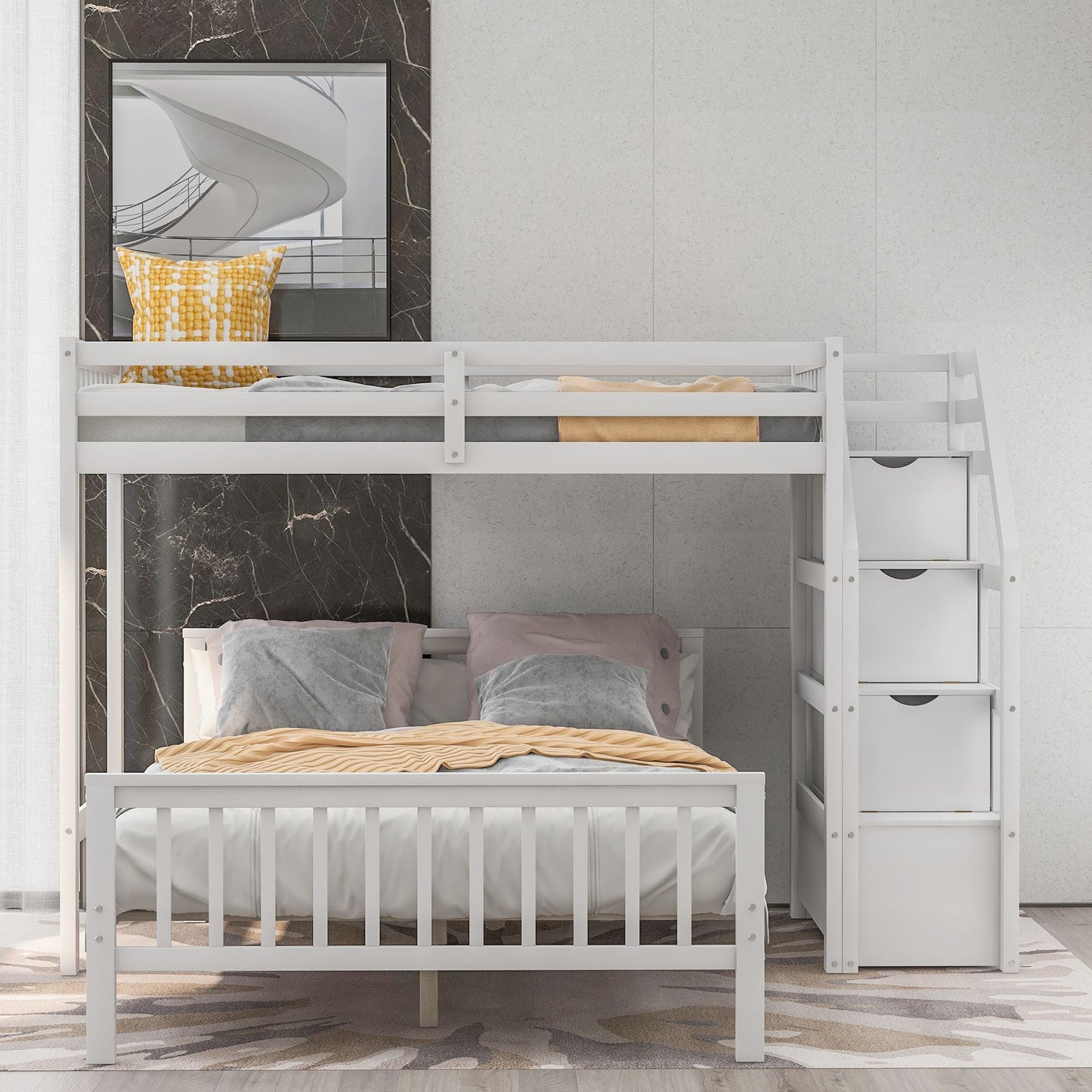 Space-Saving Twin Over Full Wood Loft Bed with Staircase, Gray | Just Better Bunk Beds