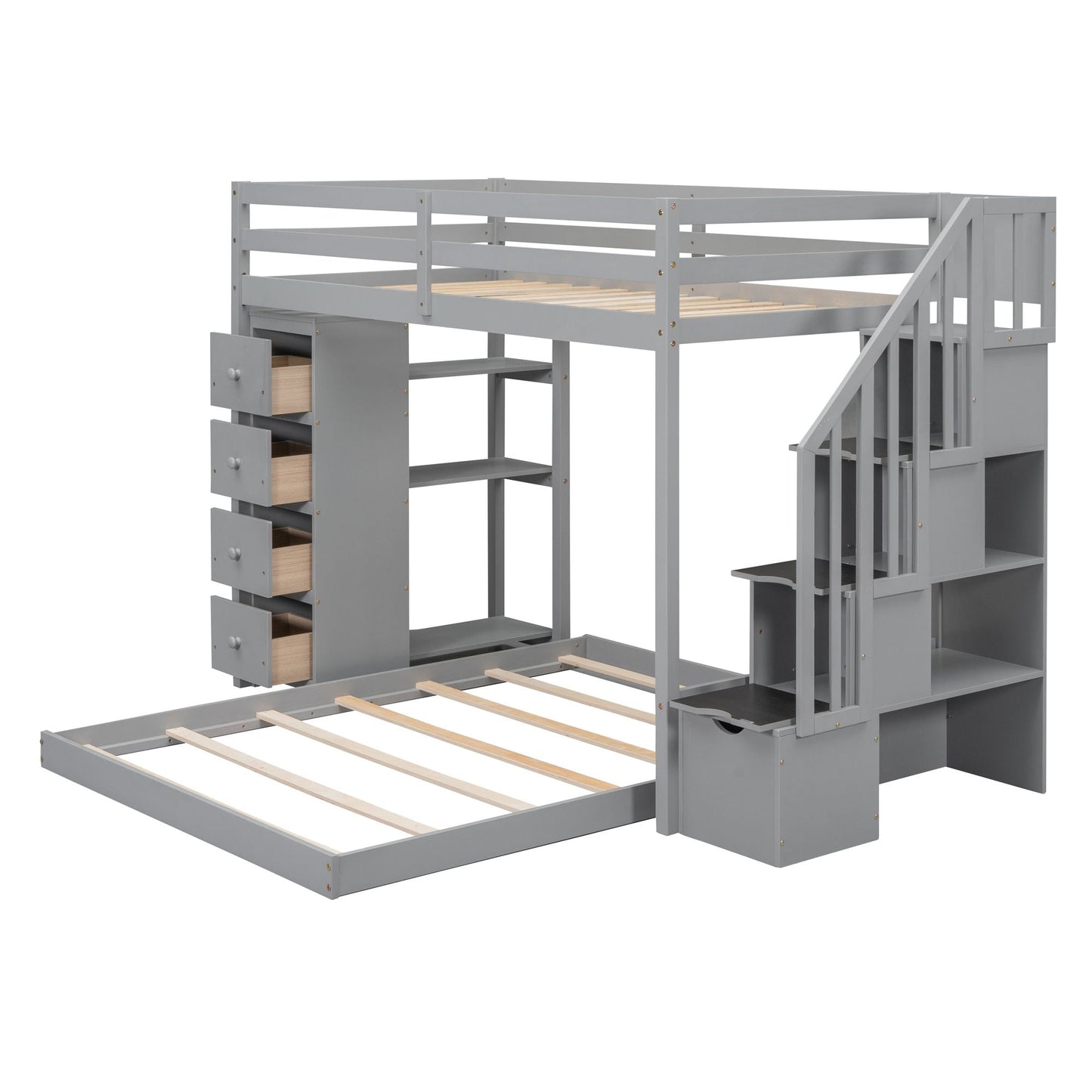 Staircase Storage Twin Over Full Wood Bunk Bed with Shelves and Drawers, Gray | Just Better Bunk Beds