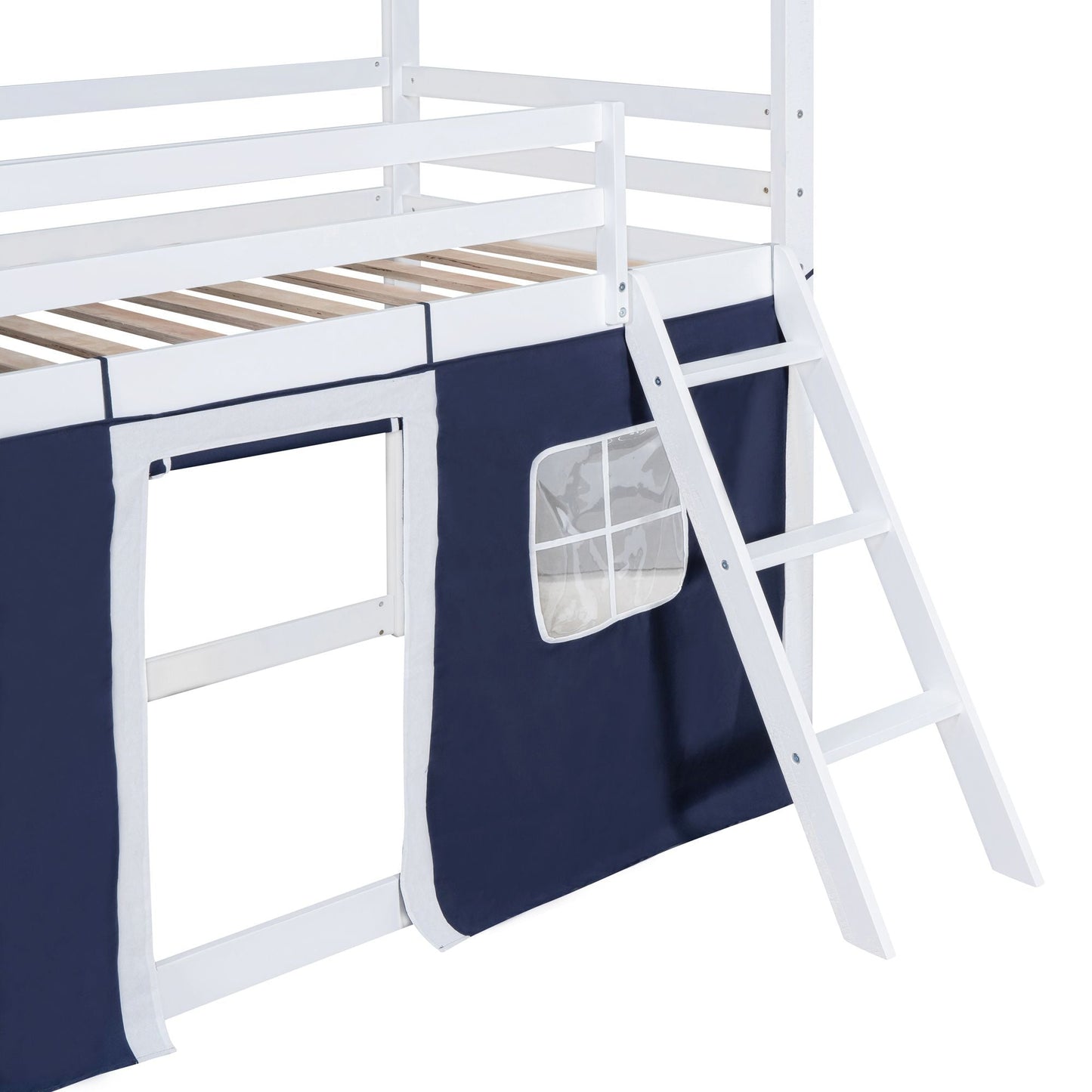 House-Style Twin Wood Bunk Bed with Elegant Windows, Sills, Tent, Blue and White | Just Better Bunk Beds