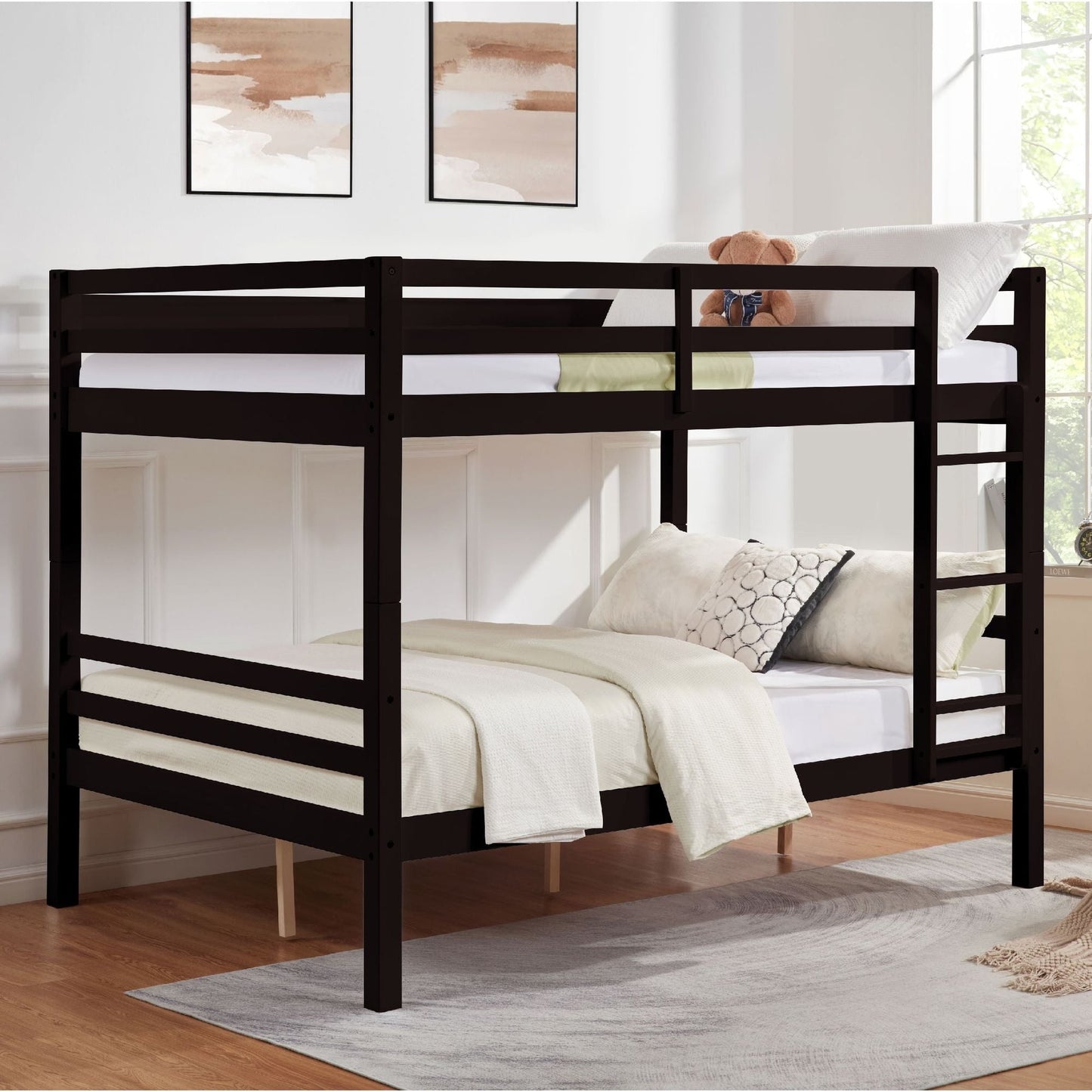 Durable Full Over Full Wood Bunk Bed with Thick Posts, High Guardrail, Ladder, Espresso | Just Better Bunk Beds